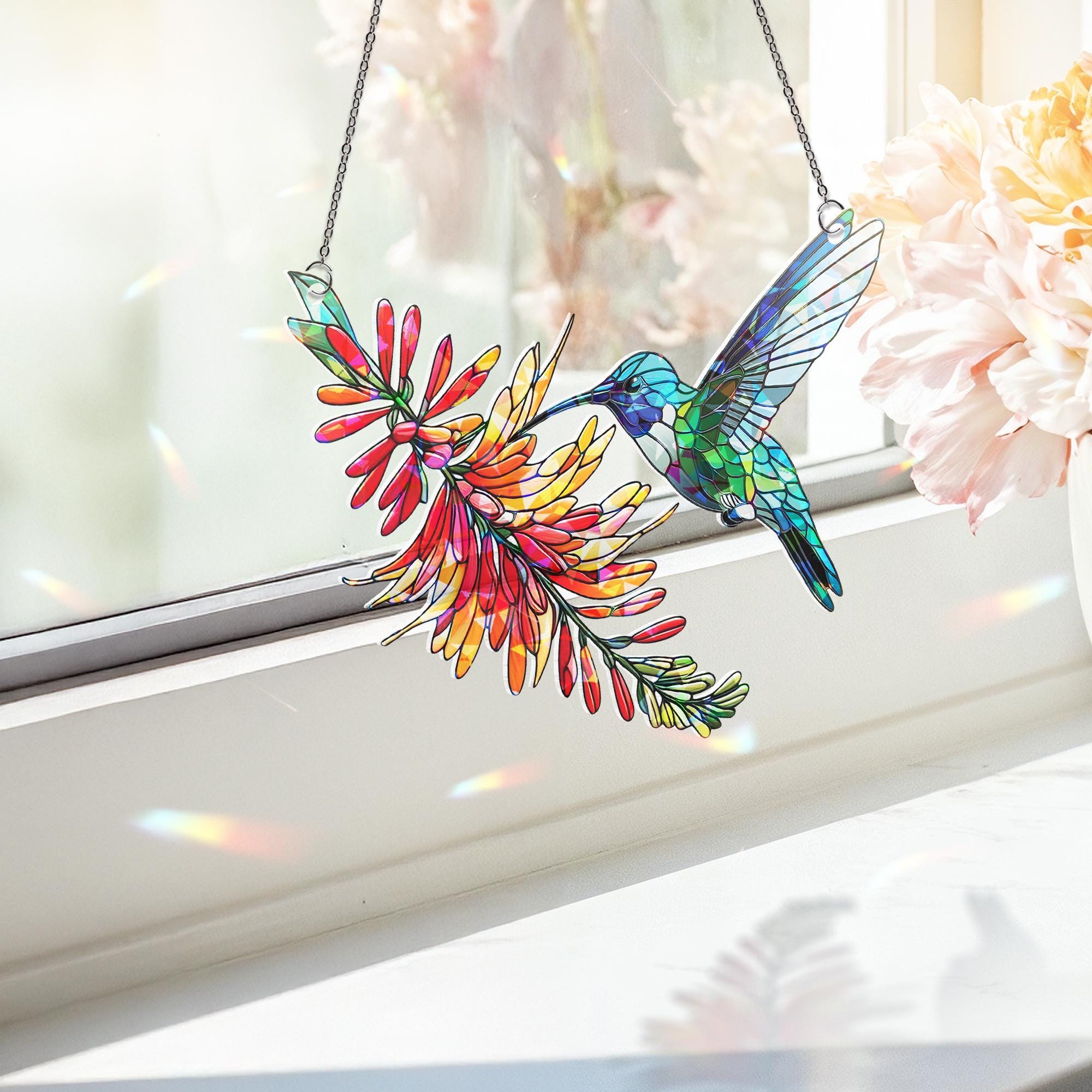 Hummingbird & Firebush Flower Holographic Acrylic Suncatcher | Colorful Nature Window Decor | Unique Bird Lover Gift | Vibrant Home Accent