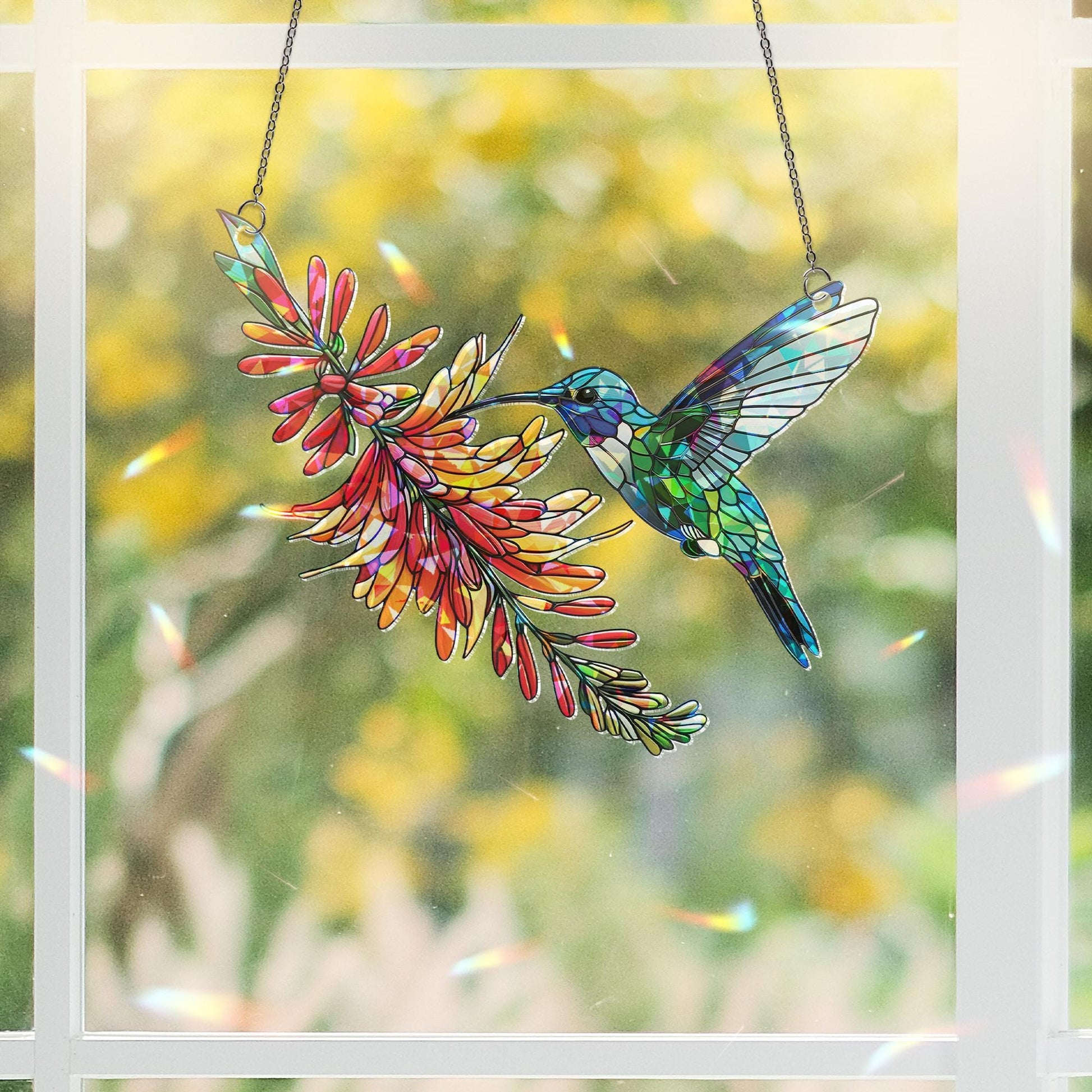 Hummingbird & Firebush Flower Holographic Acrylic Suncatcher | Colorful Nature Window Decor | Unique Bird Lover Gift | Vibrant Home Accent