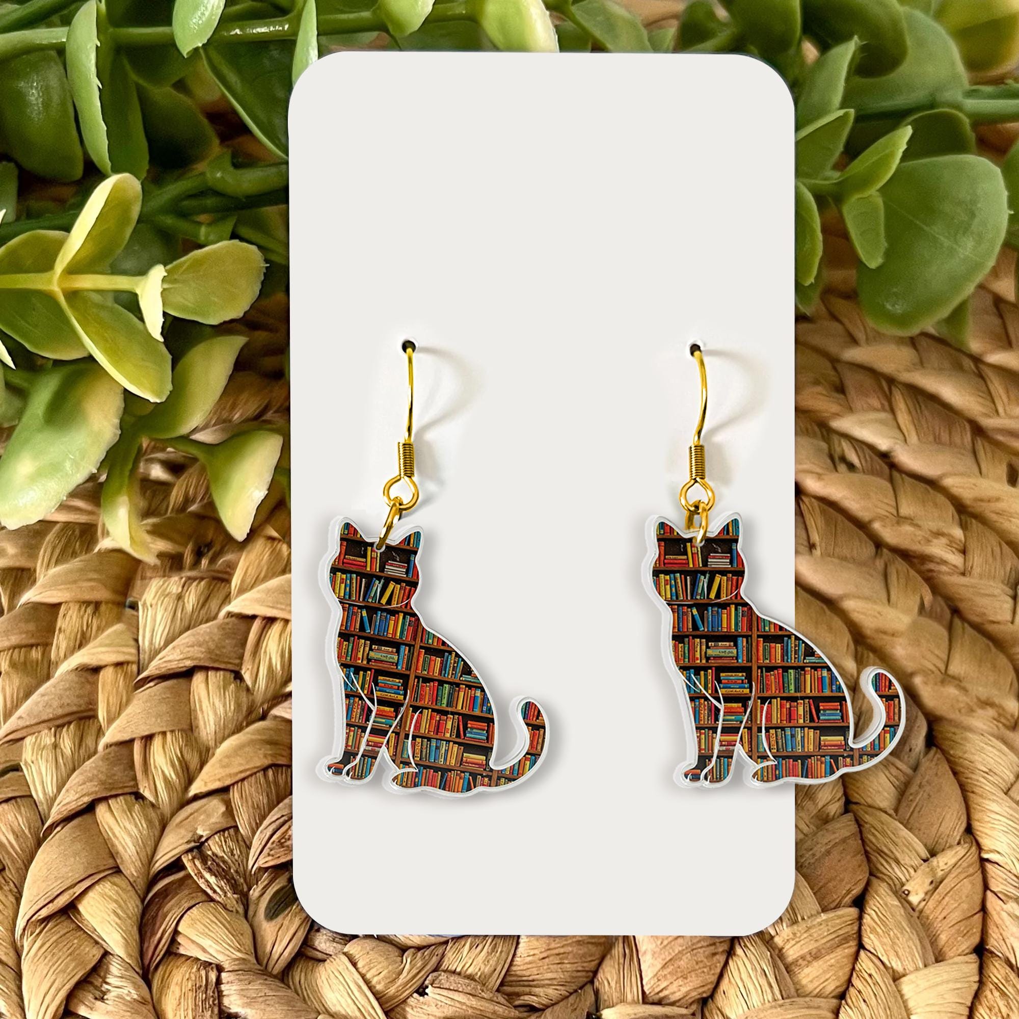Book Cat Earrings – Cute Literary Cat Jewelry for Book Lovers – Reader Gift – Whimsical Kitty Earrings – Bibliophile Accessor, Gift For Her
