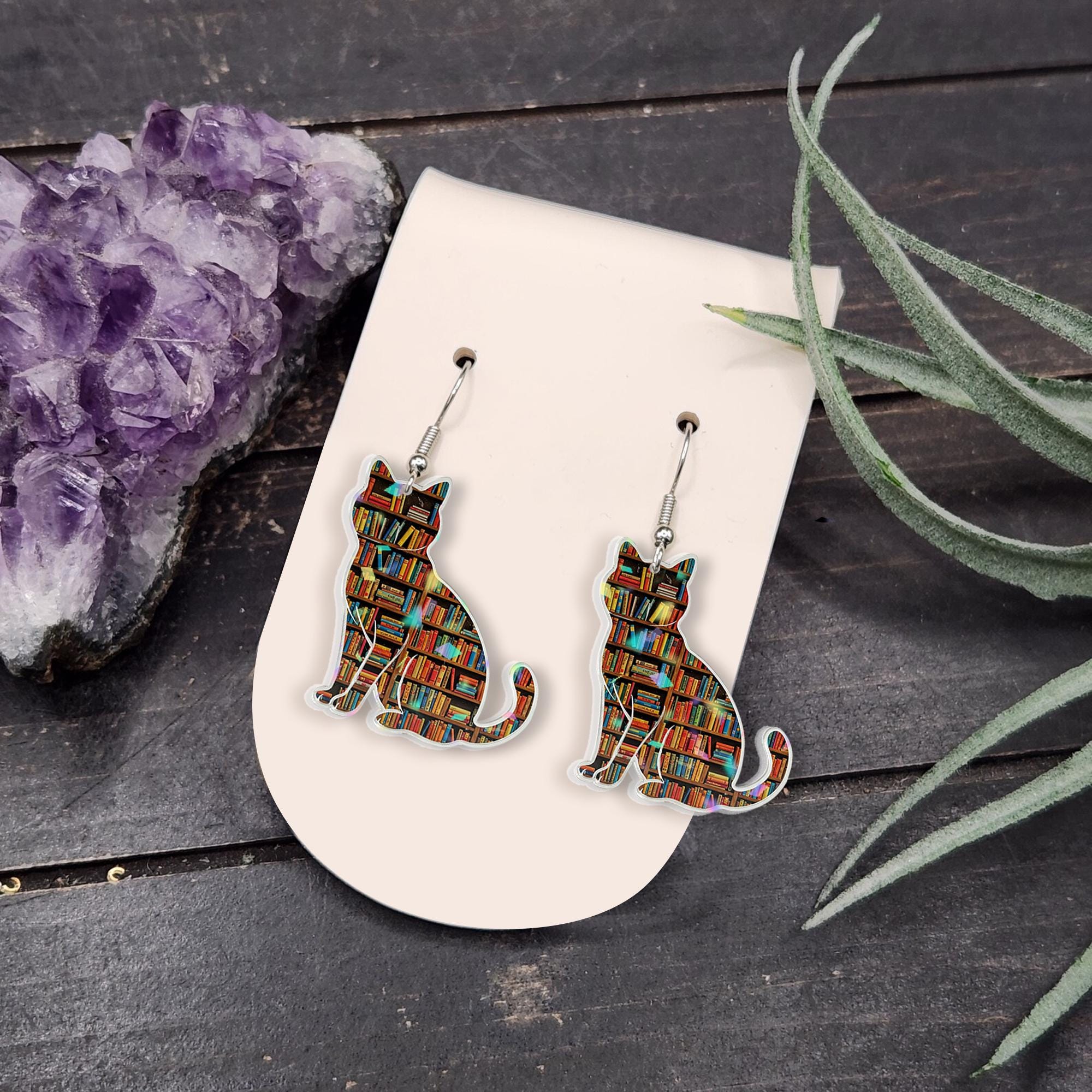 Book Cat Earrings – Cute Literary Cat Jewelry for Book Lovers – Reader Gift – Whimsical Kitty Earrings – Bibliophile Accessor, Gift For Her