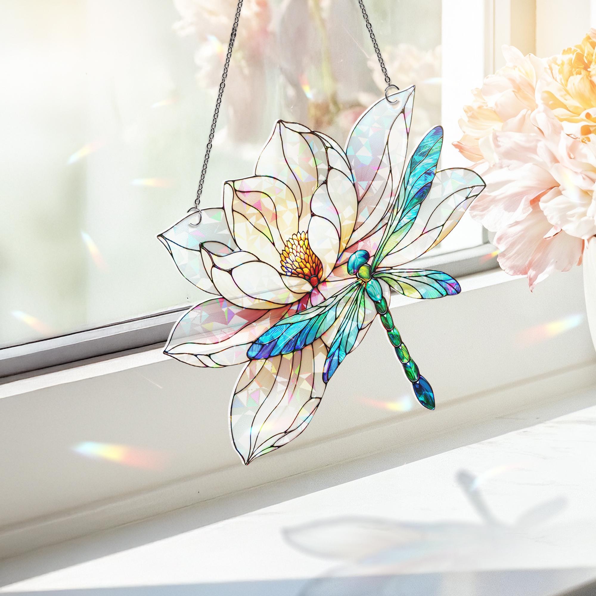 Dragonfly & Lilypad Holographic Acrylic Suncatcher | Colorful Nature Window Decor | Dragonfly and Water Lily Design | Unique Home Accent
