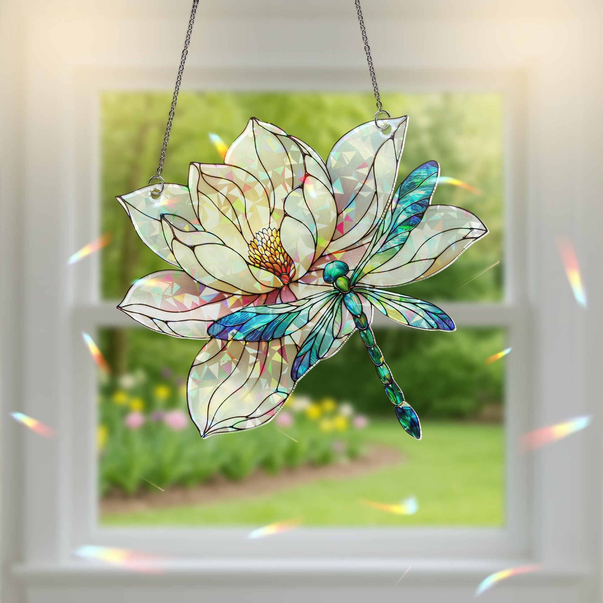 Dragonfly & Lilypad Holographic Acrylic Suncatcher | Colorful Nature Window Decor | Dragonfly and Water Lily Design | Unique Home Accent