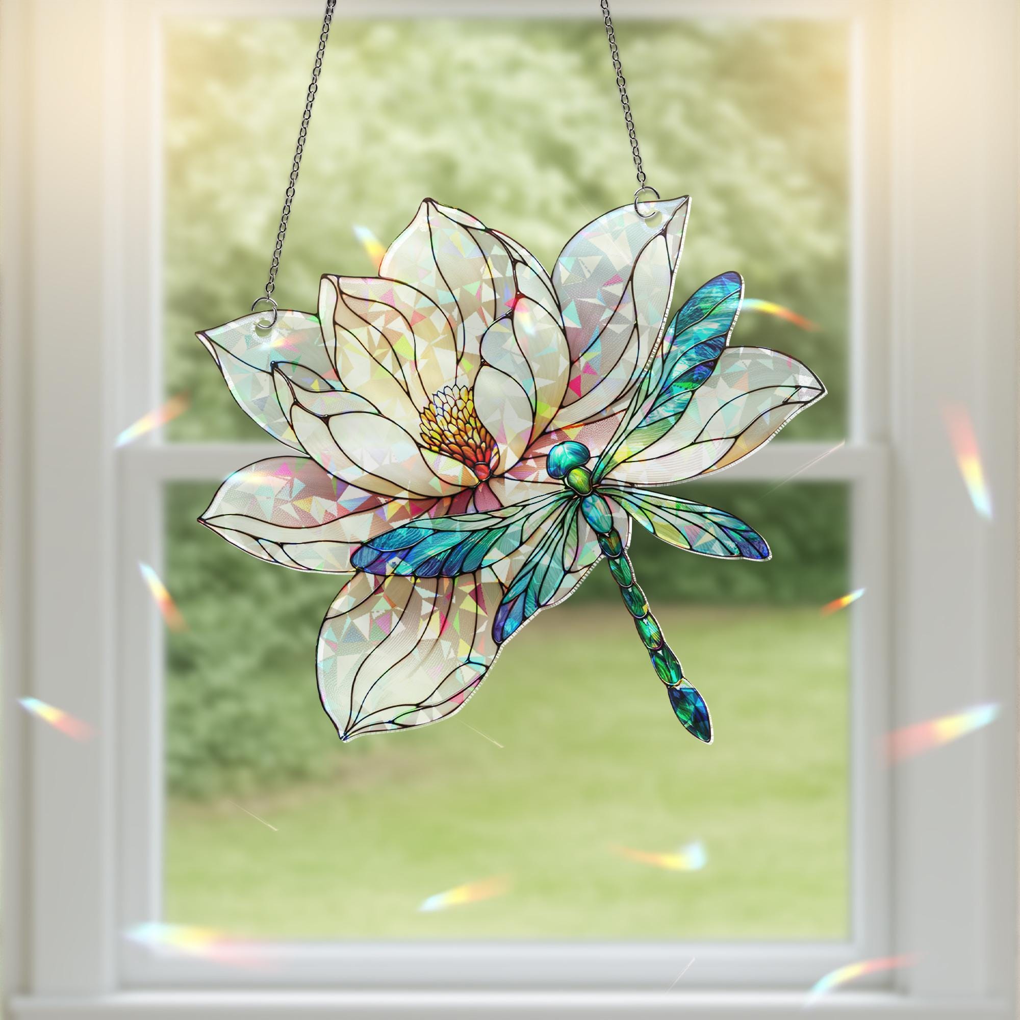 Dragonfly & Lilypad Holographic Acrylic Suncatcher | Colorful Nature Window Decor | Dragonfly and Water Lily Design | Unique Home Accent