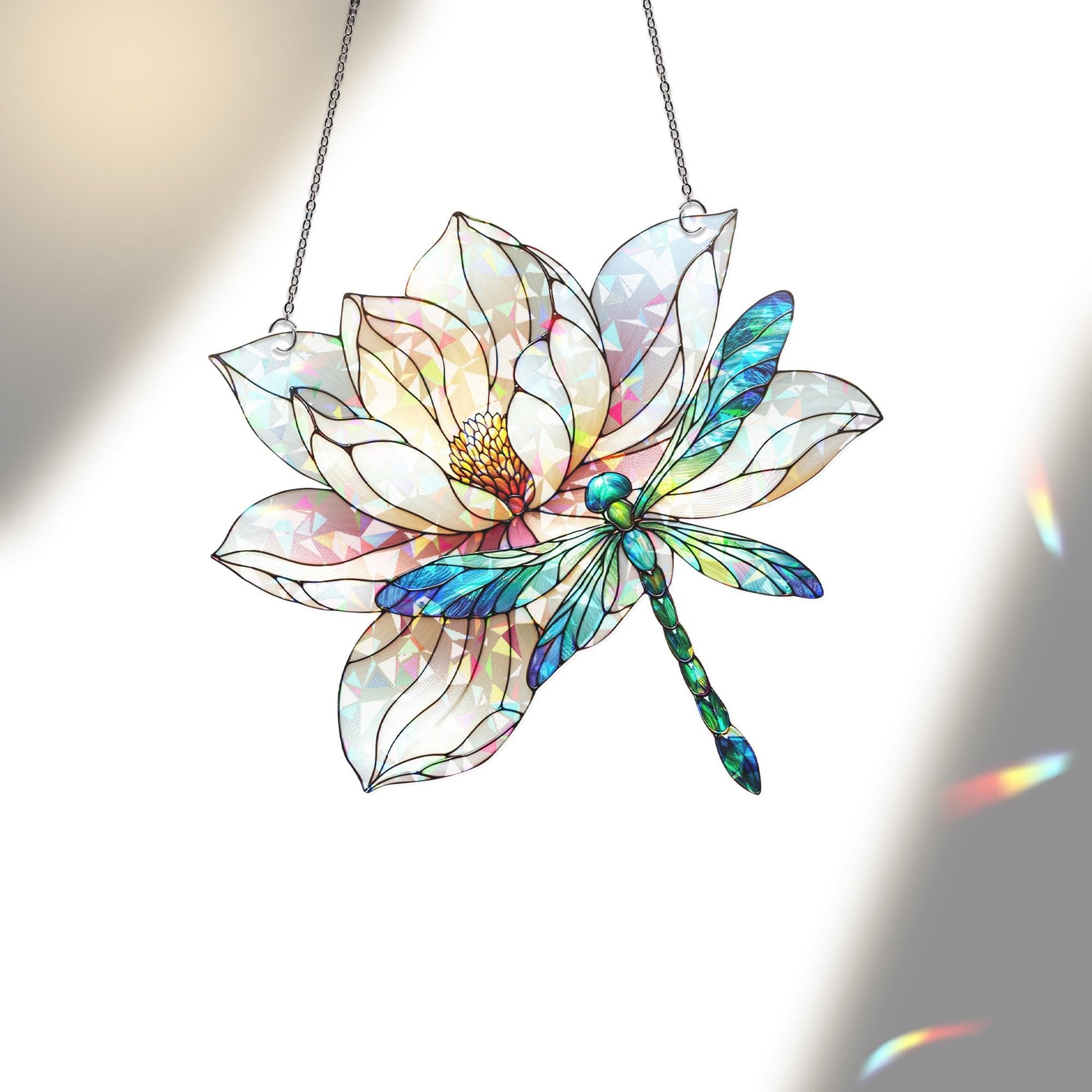 Dragonfly & Lilypad Holographic Acrylic Suncatcher | Colorful Nature Window Decor | Dragonfly and Water Lily Design | Unique Home Accent