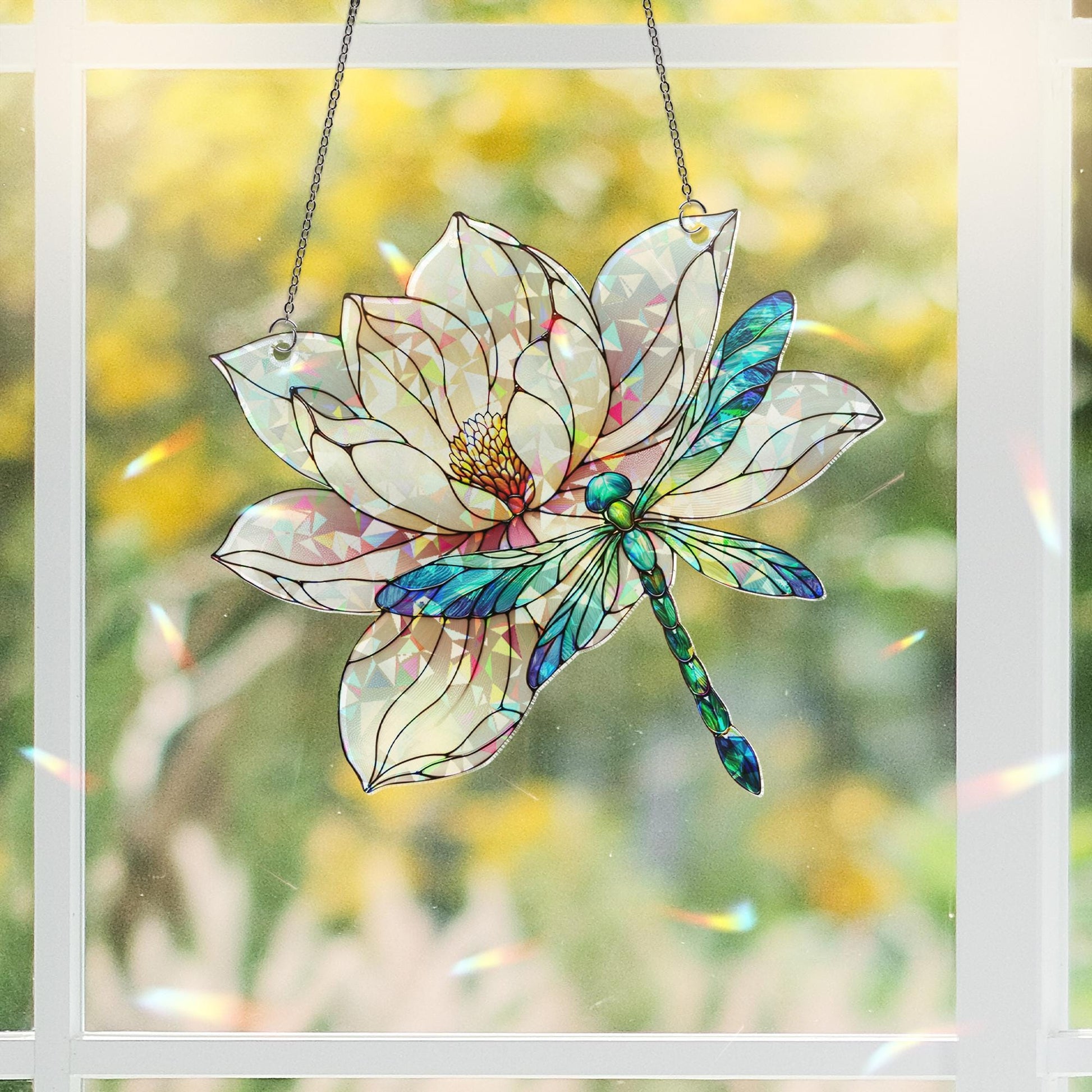 Dragonfly & Lilypad Holographic Acrylic Suncatcher | Colorful Nature Window Decor | Dragonfly and Water Lily Design | Unique Home Accent
