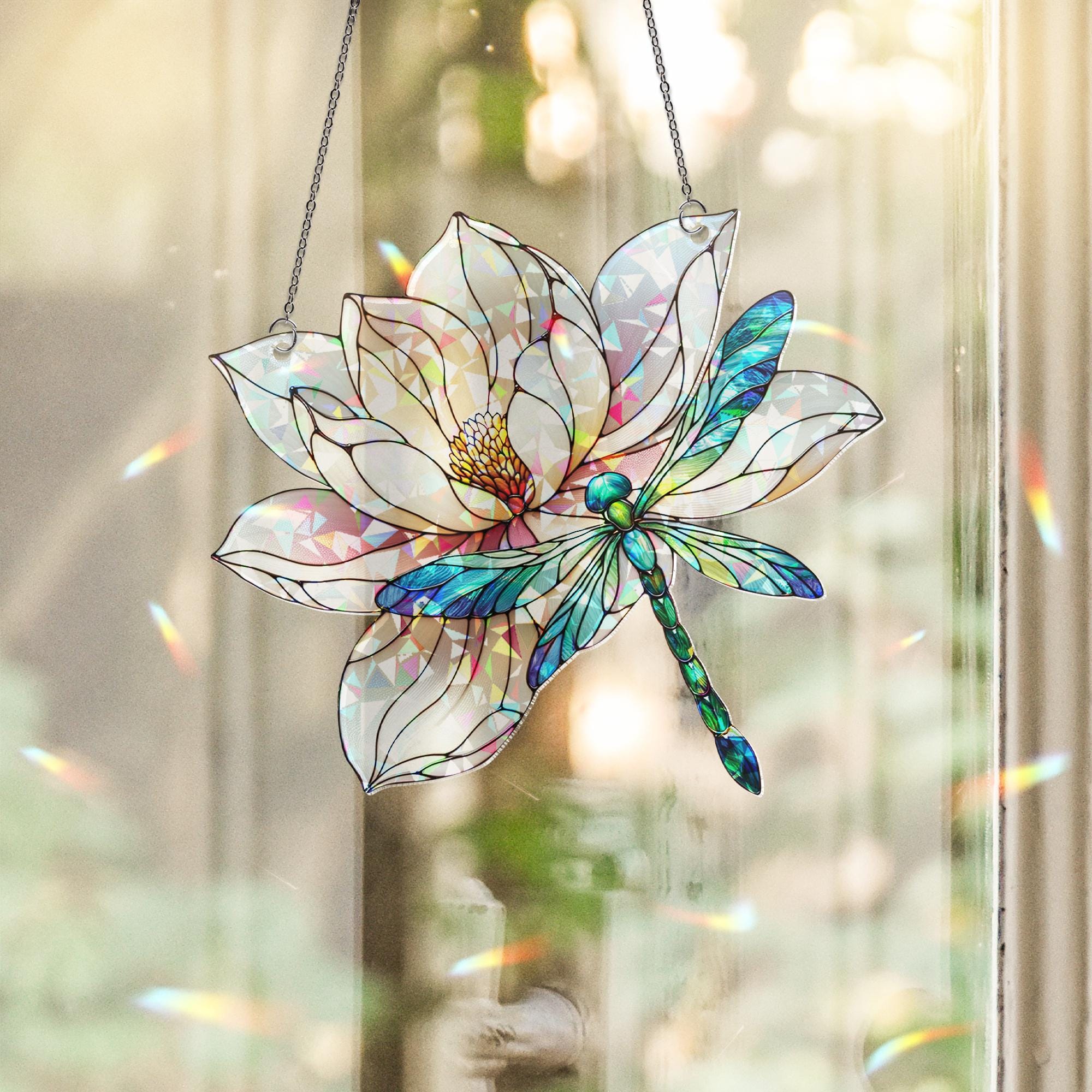 Dragonfly & Lilypad Holographic Acrylic Suncatcher | Colorful Nature Window Decor | Dragonfly and Water Lily Design | Unique Home Accent