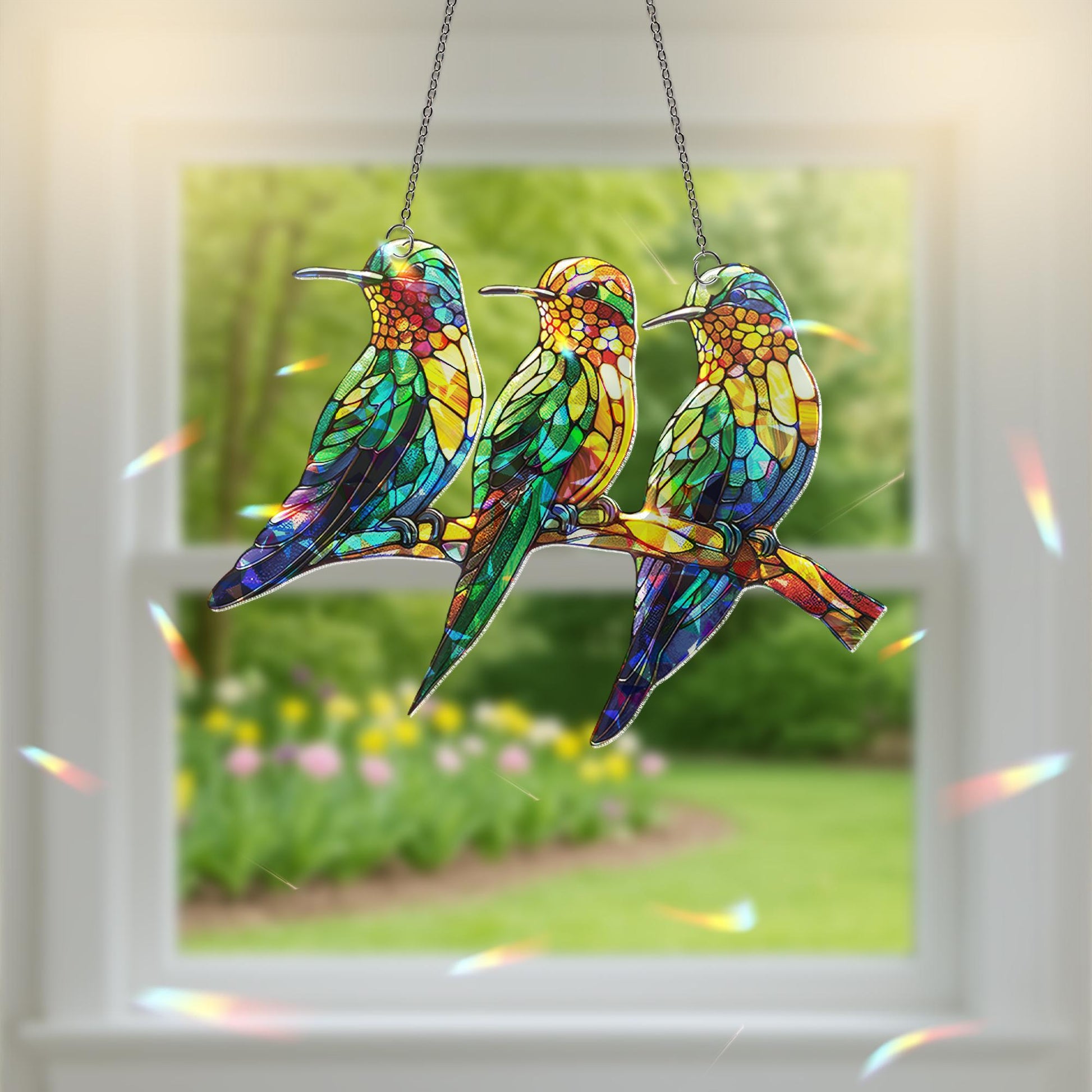 Hummingbirds on Branch Holographic Acrylic Suncatcher | Colorful Window Decor | Nature-Themed Bird Suncatcher | Beautiful Home Accent