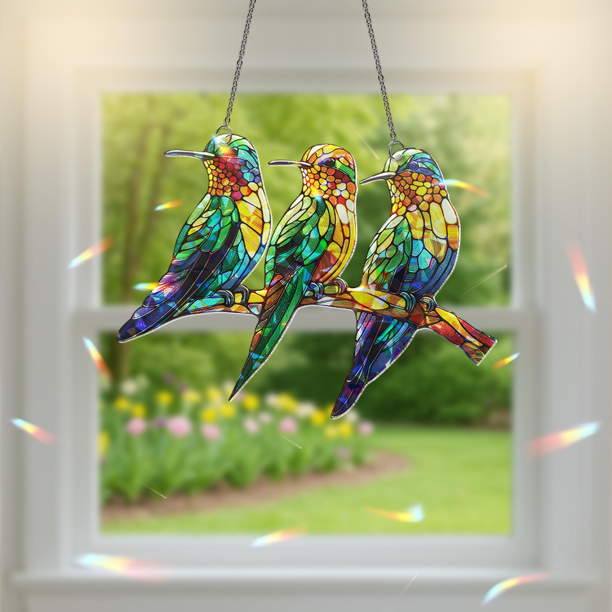 Hummingbirds on Branch Holographic Acrylic Suncatcher | Colorful Window Decor | Nature-Themed Bird Suncatcher | Beautiful Home Accent