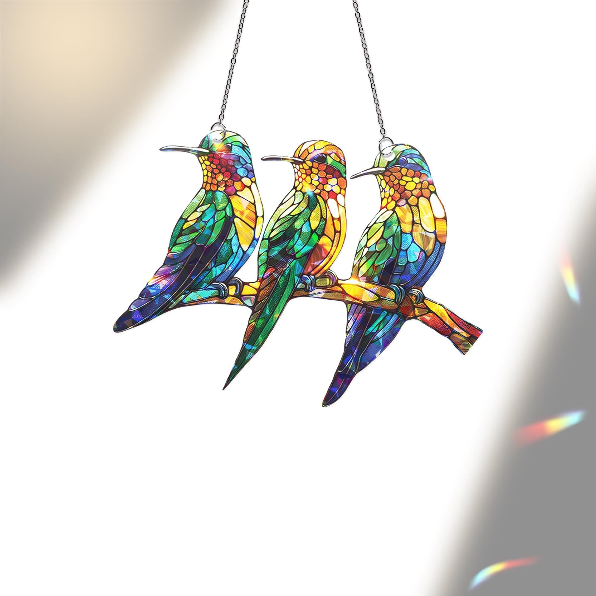 Hummingbirds on Branch Holographic Acrylic Suncatcher | Colorful Window Decor | Nature-Themed Bird Suncatcher | Beautiful Home Accent