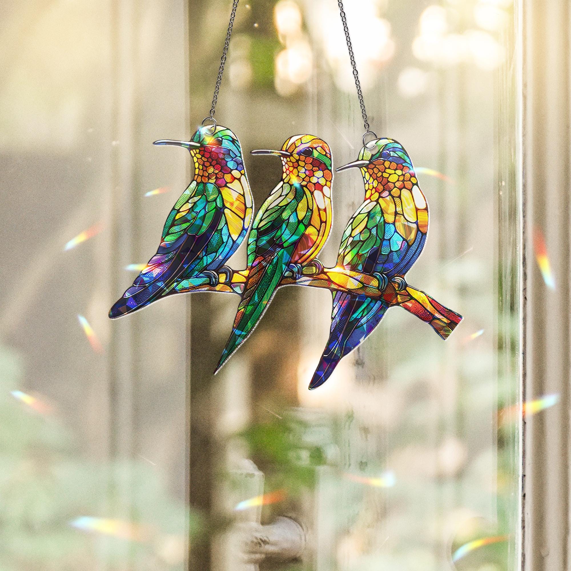Hummingbirds on Branch Holographic Acrylic Suncatcher | Colorful Window Decor | Nature-Themed Bird Suncatcher | Beautiful Home Accent