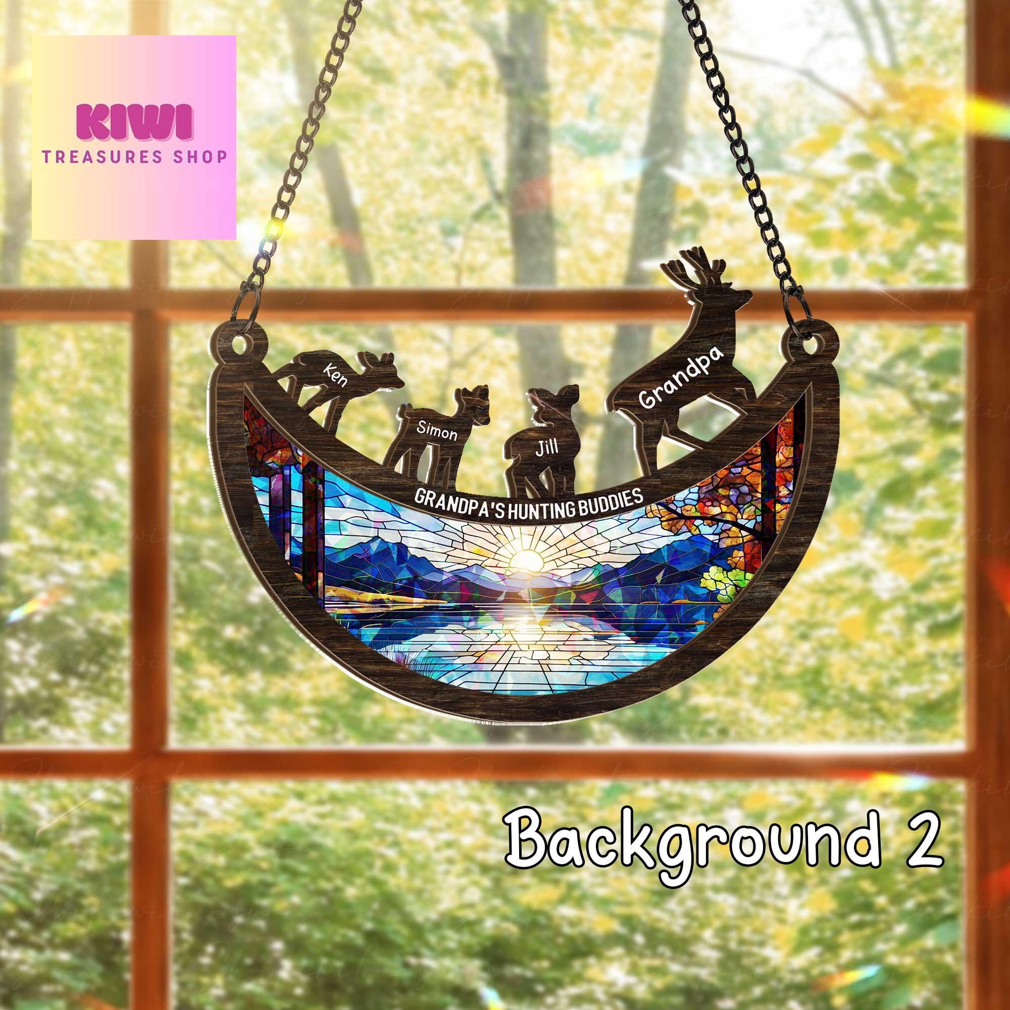 Custom Grandpa's Hunting Buddies Holographic Wood & Acrylic Suncatcher  | Unique Family Gift | Hunting Themed Window Decor |Grandpa Keepsake