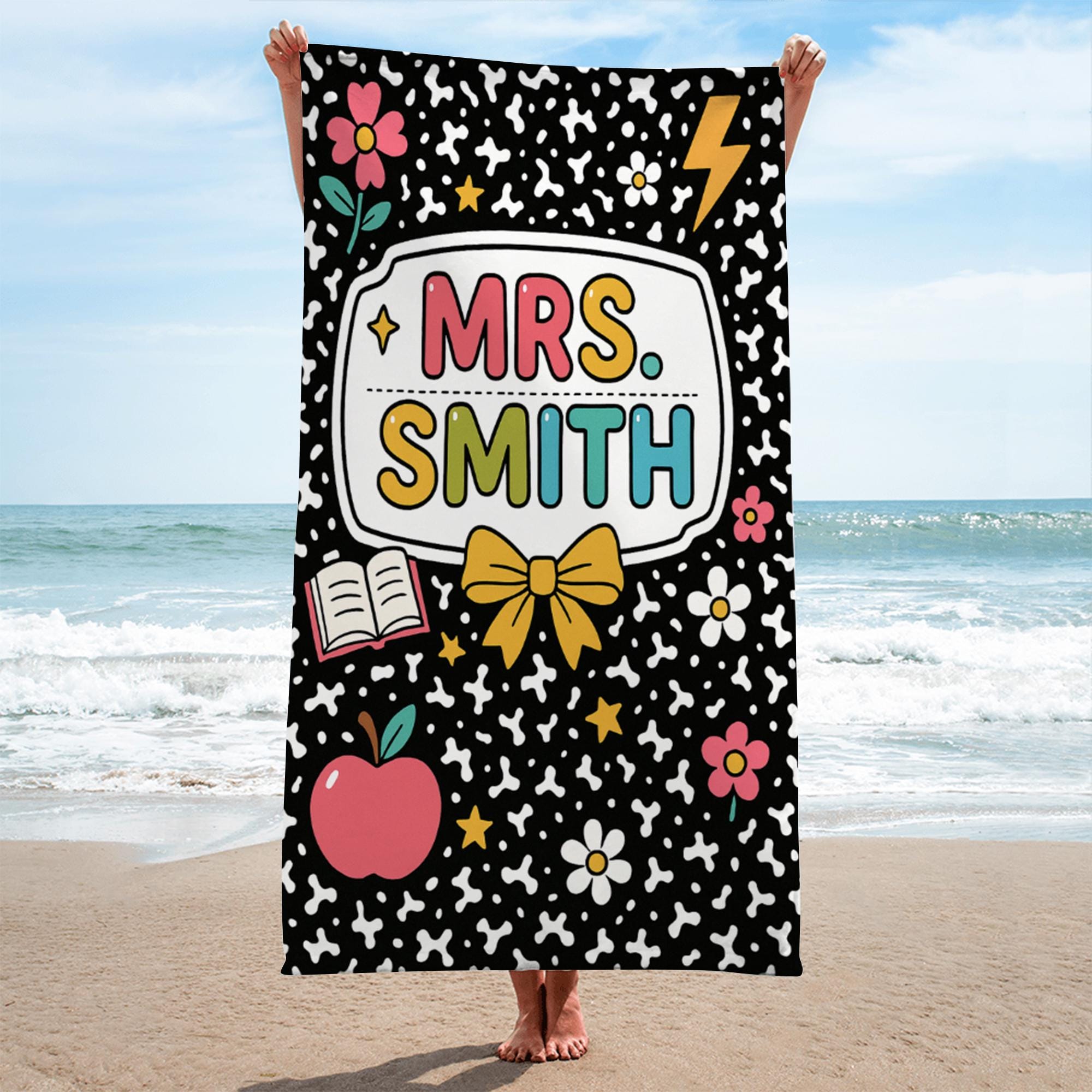 Custom Teacher Towel Gift with Name, Personalized Classroom Towel with Cute School Icons, Back to School or End of Year Teacher Gift