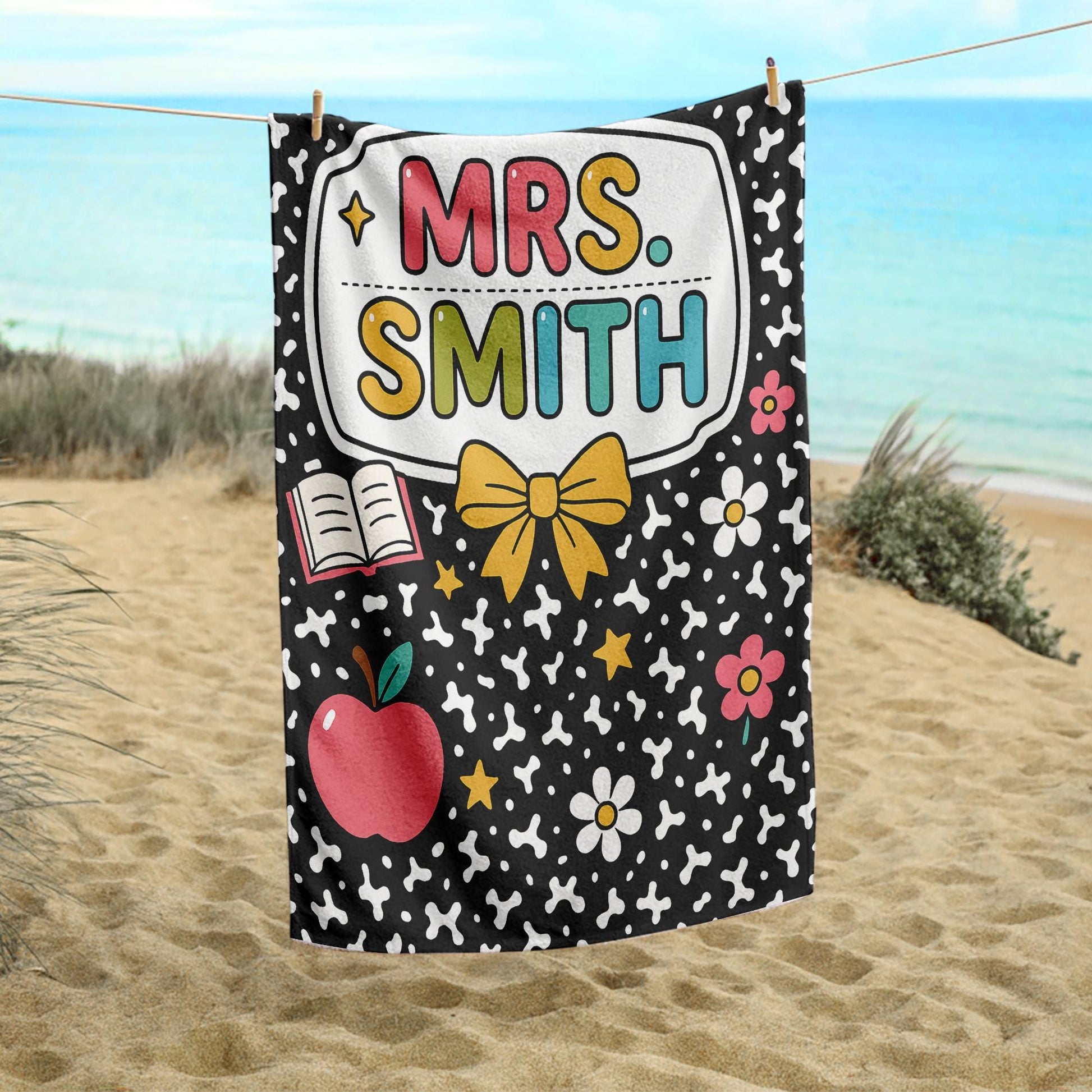 Custom Teacher Towel Gift with Name, Personalized Classroom Towel with Cute School Icons, Back to School or End of Year Teacher Gift
