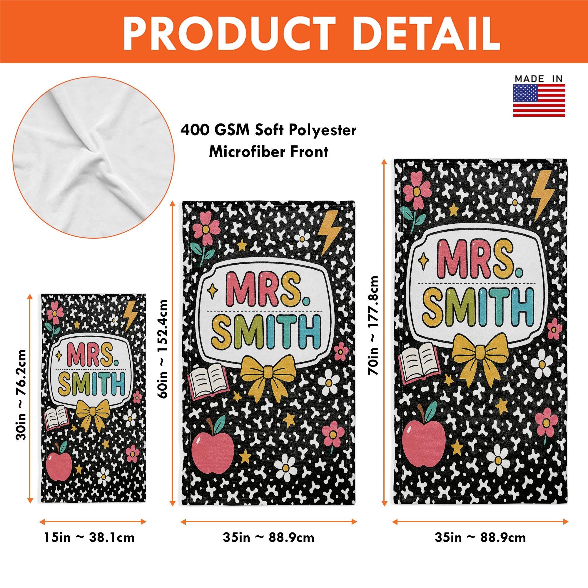Custom Teacher Towel Gift with Name, Personalized Classroom Towel with Cute School Icons, Back to School or End of Year Teacher Gift
