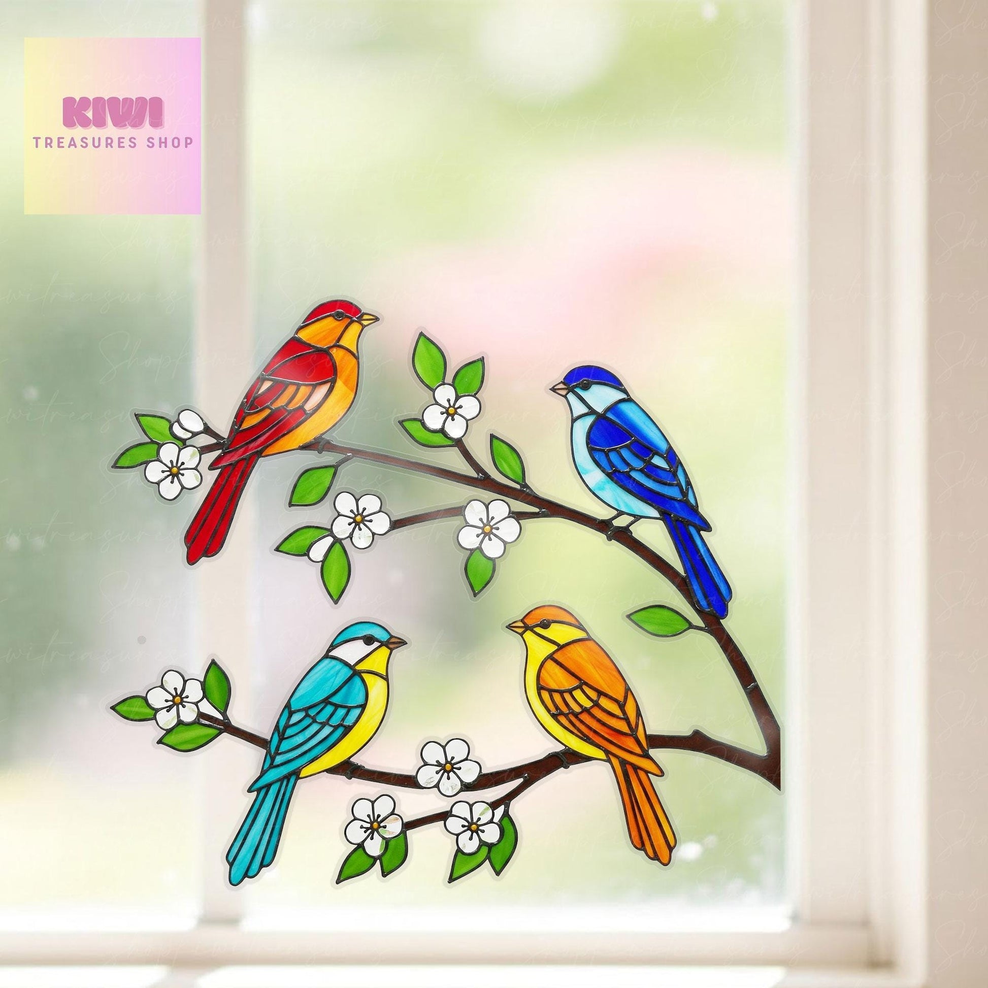 Colorful Birds on Branch Vinyl Decal | Nature Window Sticker | Bird Lover Decor | Flower and Bird Window Art | Colorful Wall Decal