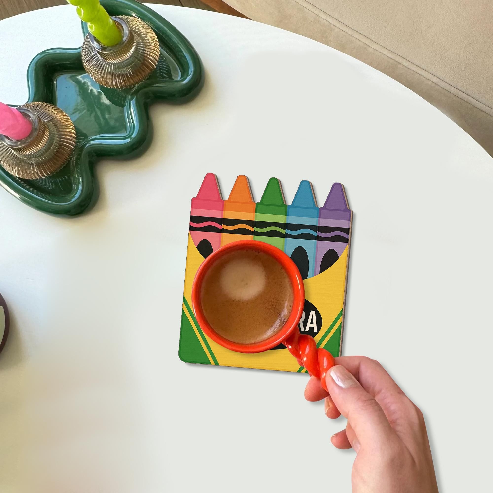 Personalized Teacher Crayon Coaster, Custom Name Acrylic or Wood Drink Mat, Cute School Desk Accessory Gift for Classroom or Office