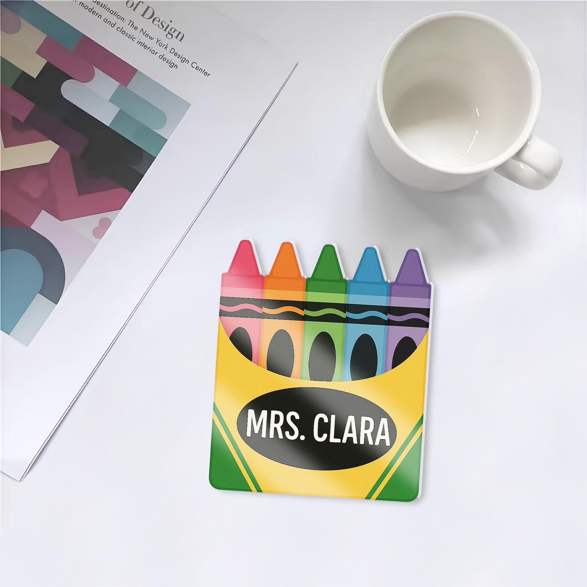 Personalized Teacher Crayon Coaster, Custom Name Acrylic or Wood Drink Mat, Cute School Desk Accessory Gift for Classroom or Office