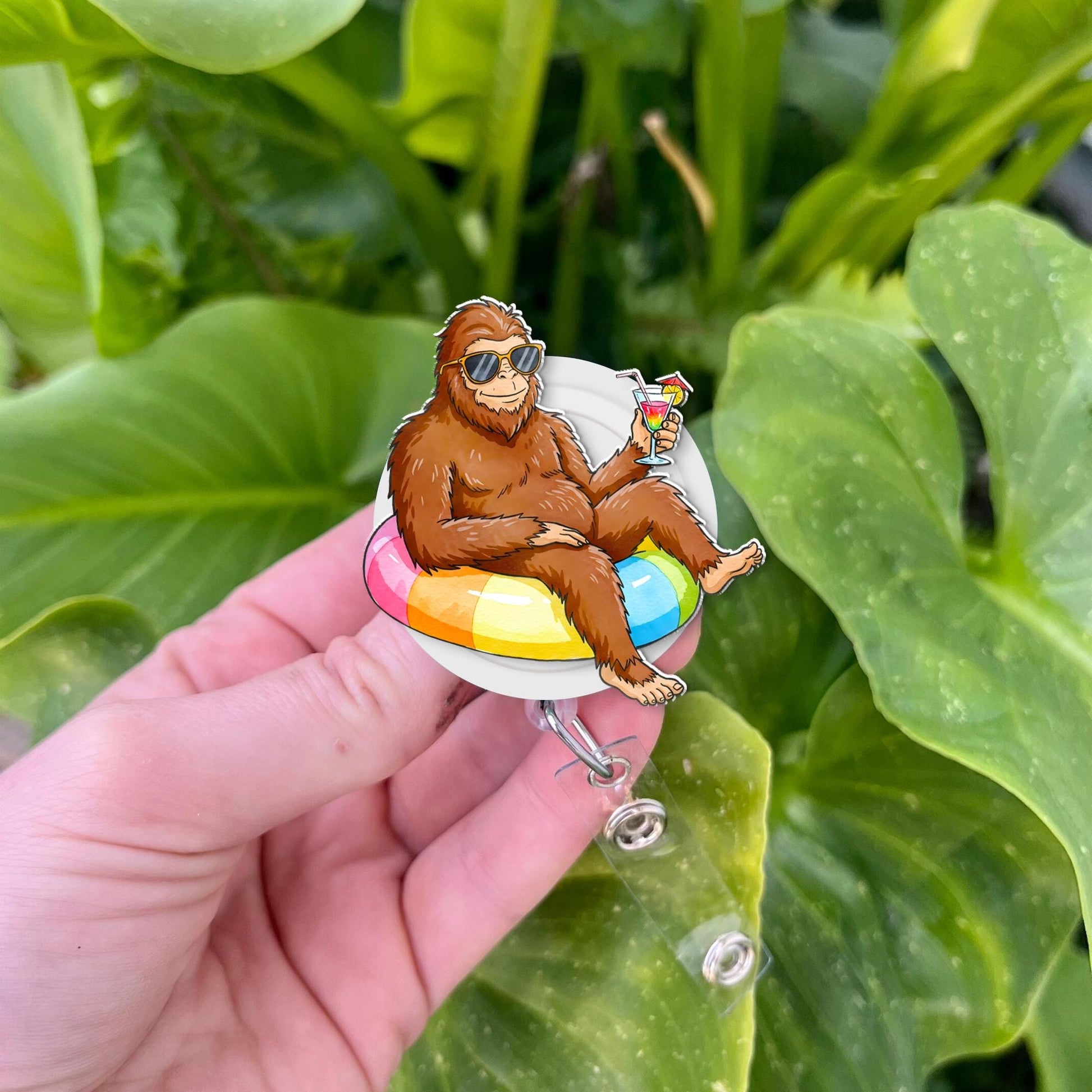 Bigfoot Summer Fun Badge Reel - Sasquatch Pool Float ID Holder - Funny Cryptid Nurse Gift - Teacher Lanyard - Retractable Badge Clip