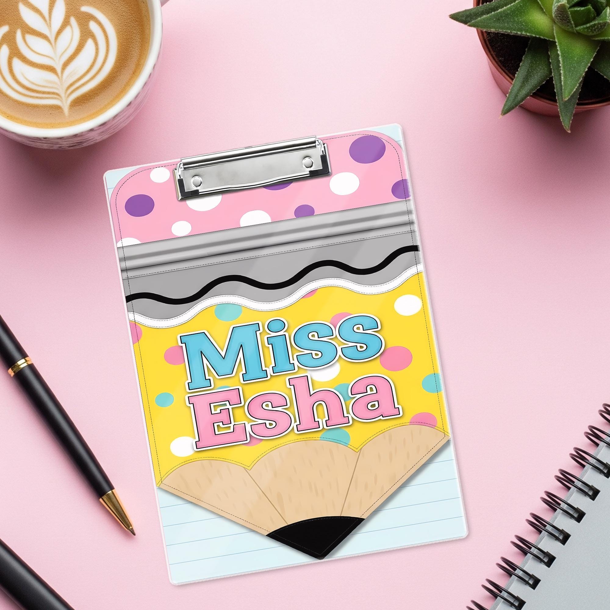 Personalized Teacher Clipboard, Cute Pencil Design, Custom Name Gift, Miss Esha Clipboard, Back to School, Classroom Accessories