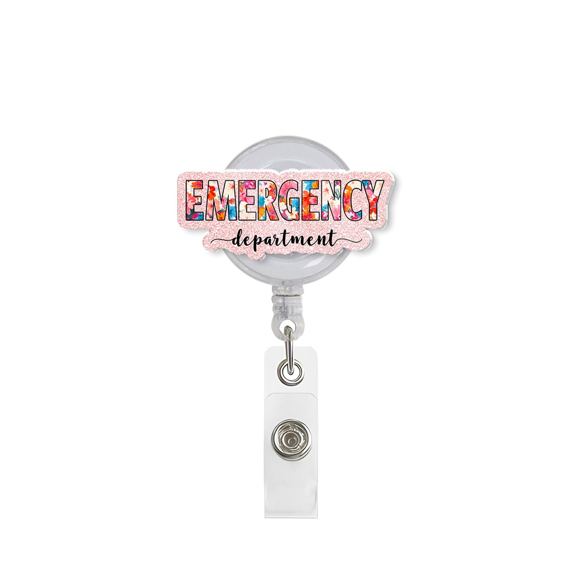 Emergency Department Badge Reel, Floral ER Nurse ID Holder, Glitter Medical Staff Gift, Retractable Name Card Clip, Cute Hospital Worker