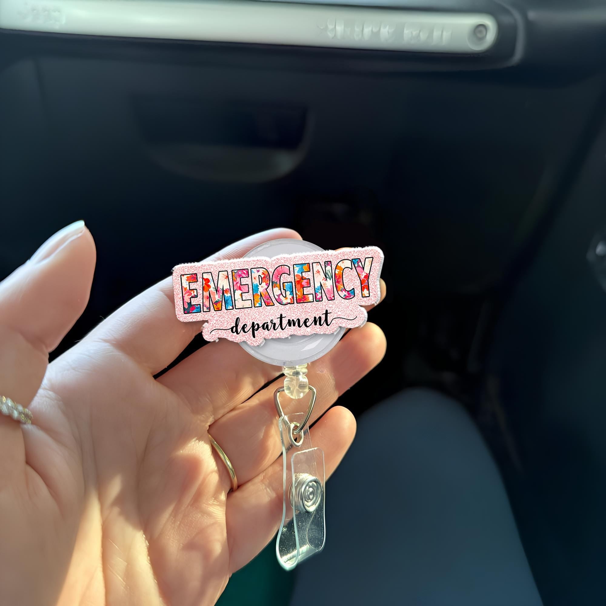 Emergency Department Badge Reel, Floral ER Nurse ID Holder, Glitter Medical Staff Gift, Retractable Name Card Clip, Cute Hospital Worker