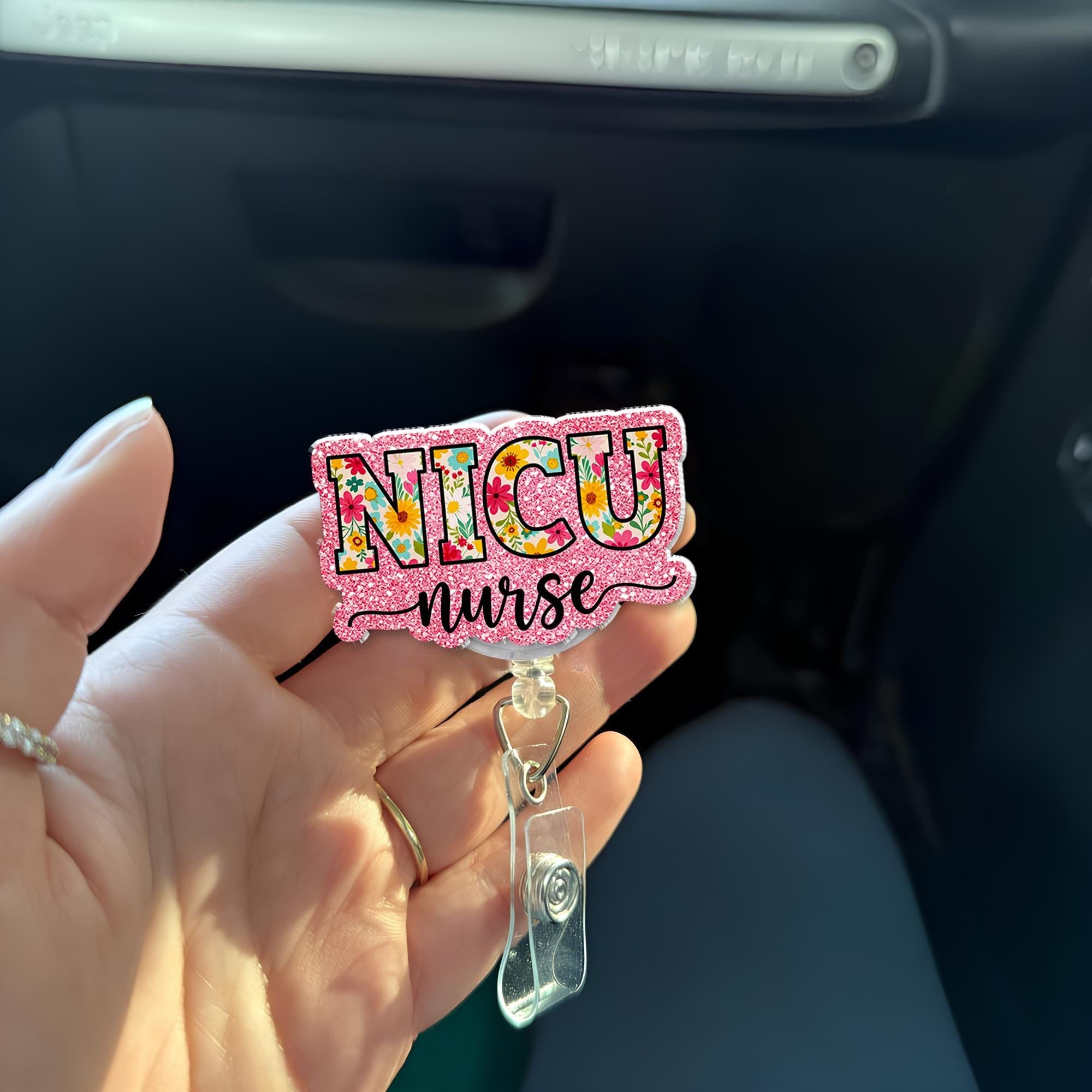 NICU Nurse Badge Reel, Floral Glitter ID Holder, Retractable Badge Clip, Neonatal ICU Nurse Gift, Nursing Student, Pediatric Nurse Gift