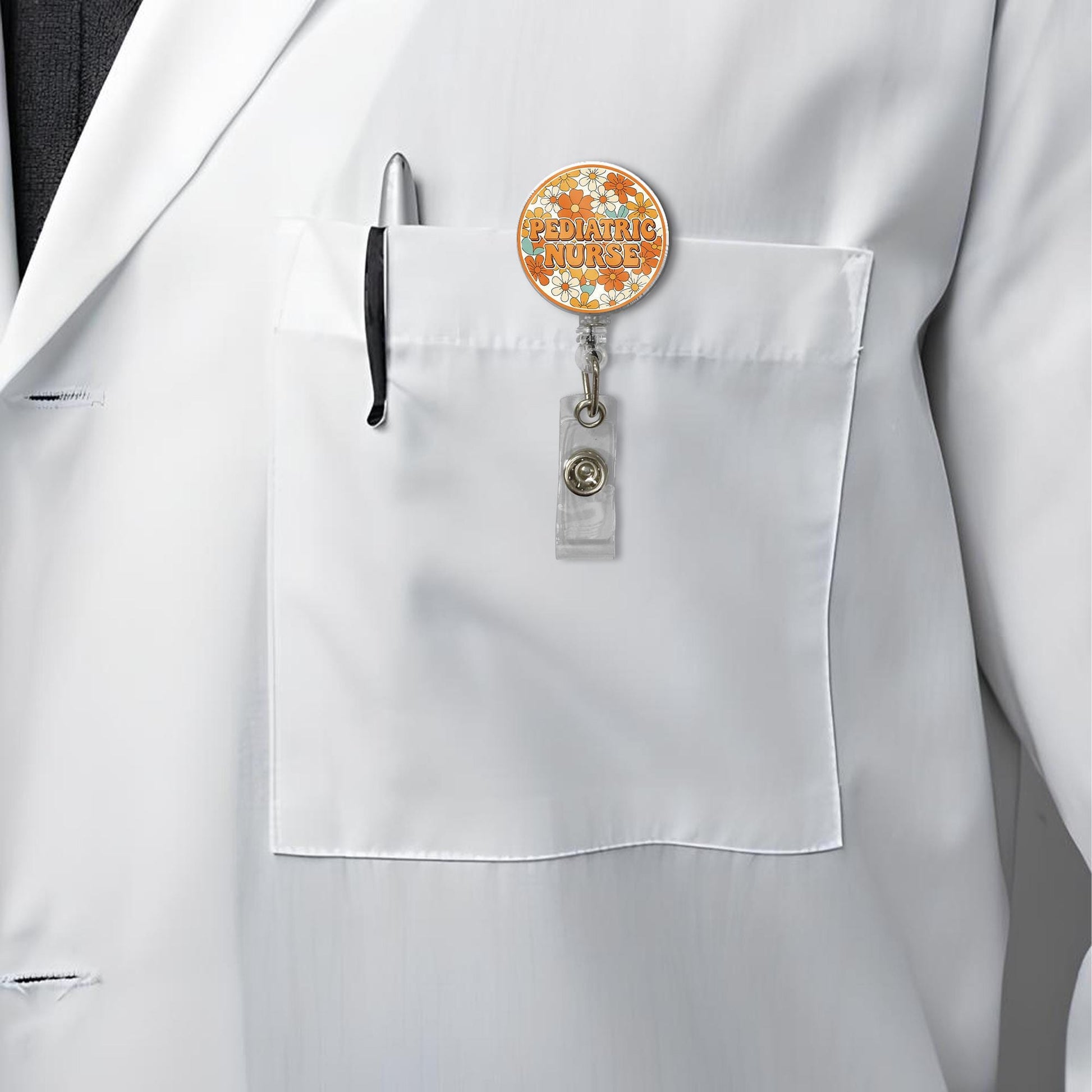 Retro Floral Pediatric Nurse Badge Reel, Groovy Peds RN ID Holder, Cute Nursing Gift, Retractable Name Tag, Flower Power Nurse Accessory