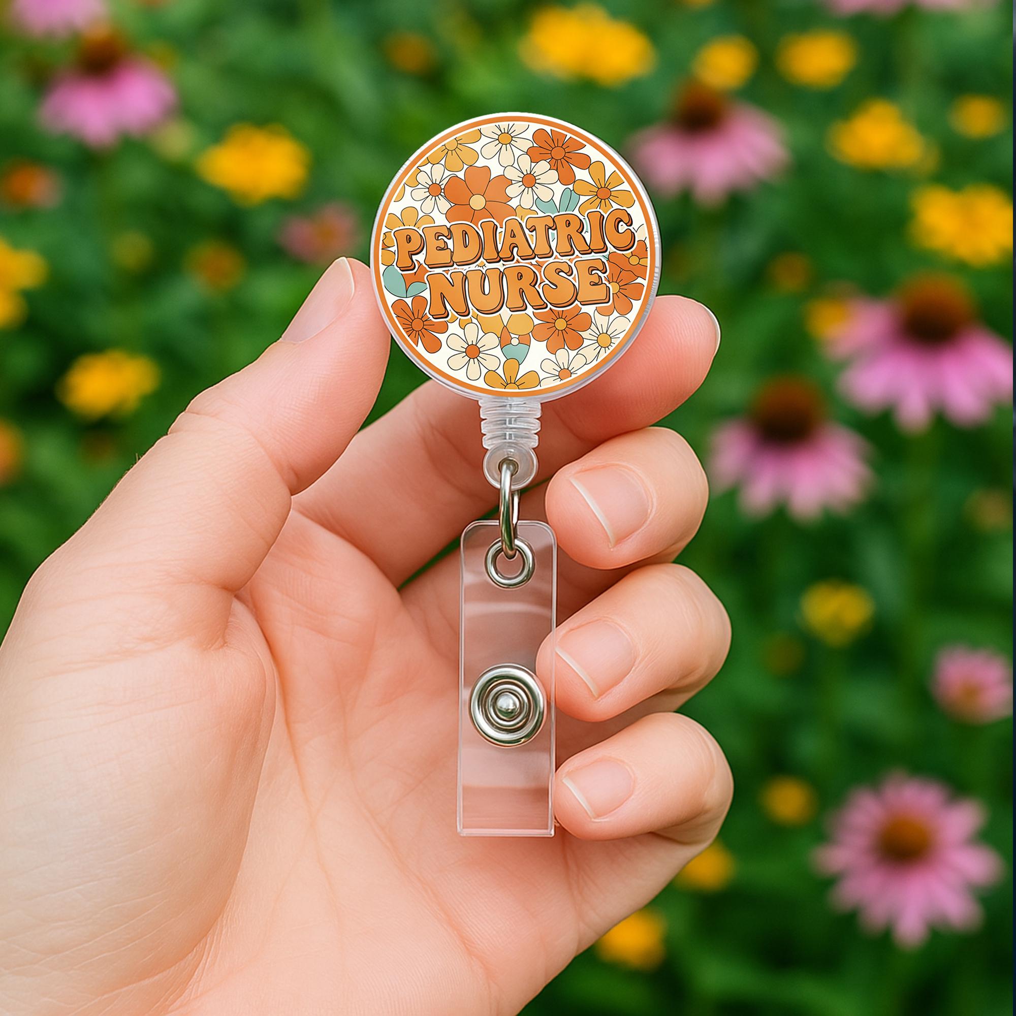 Retro Floral Pediatric Nurse Badge Reel, Groovy Peds RN ID Holder, Cute Nursing Gift, Retractable Name Tag, Flower Power Nurse Accessory
