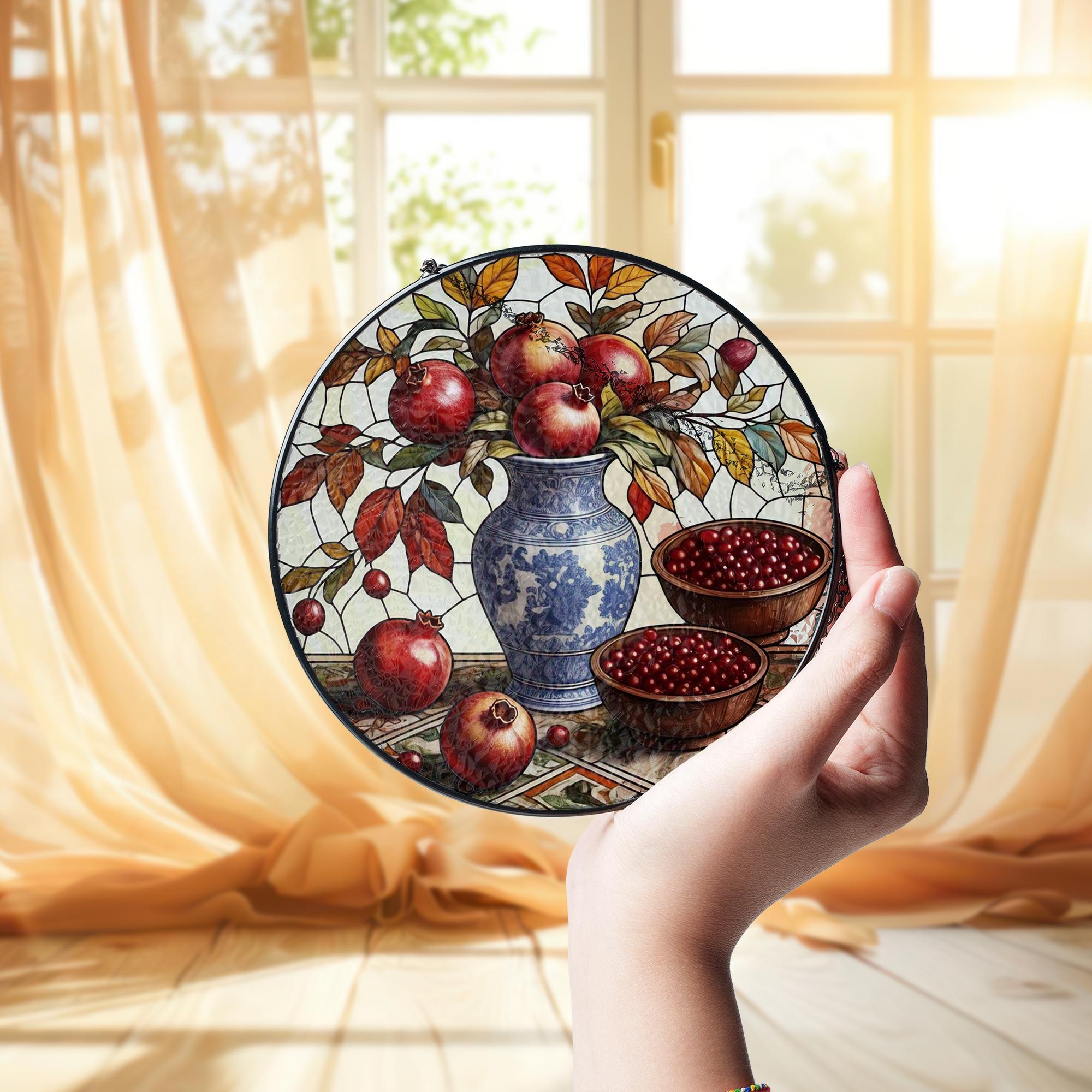 Handmade Glass Suncatcher with Pomegranate Art – Botanical Window Hanging for Kitchen or Sunroom Decor