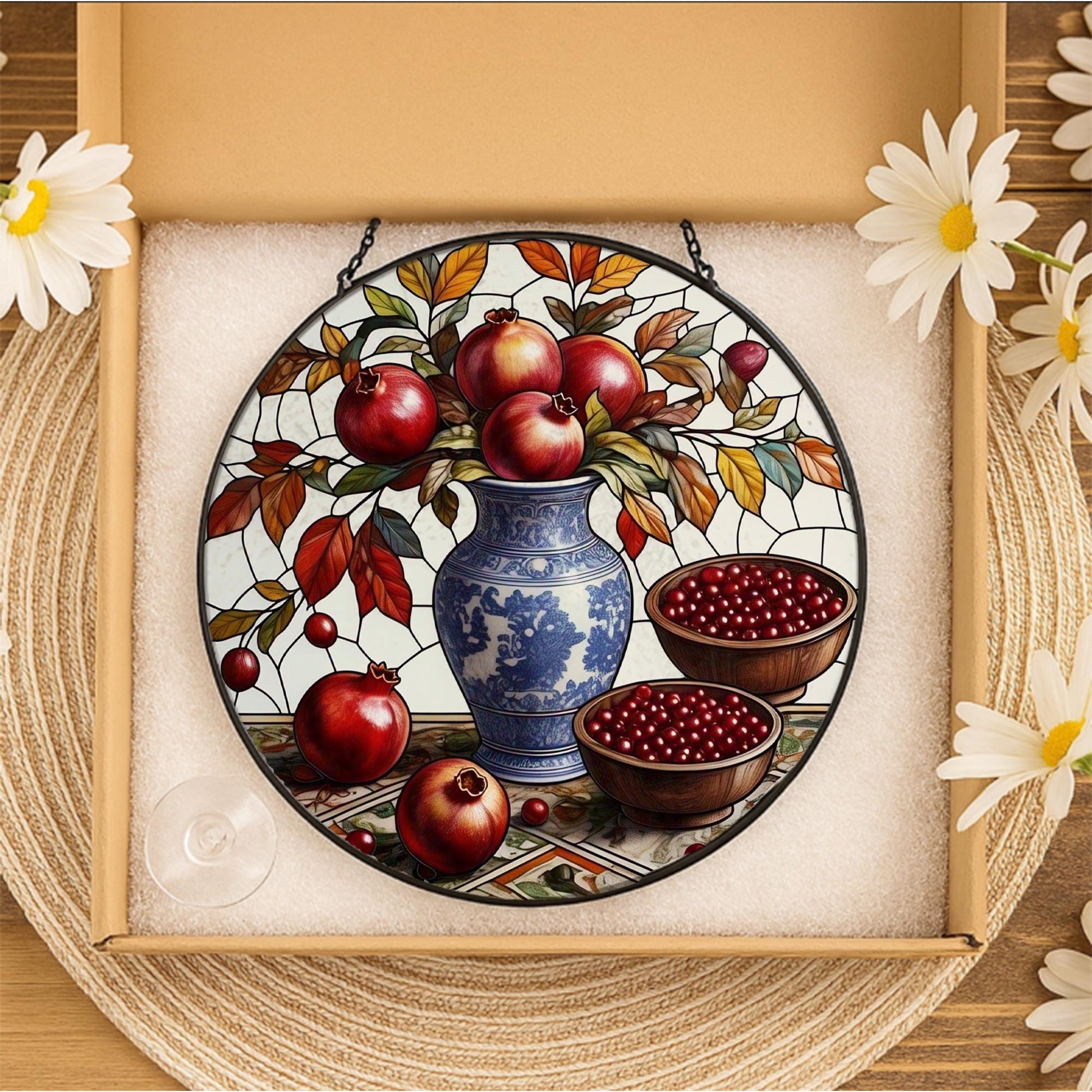 Handmade Glass Suncatcher with Pomegranate Art – Botanical Window Hanging for Kitchen or Sunroom Decor
