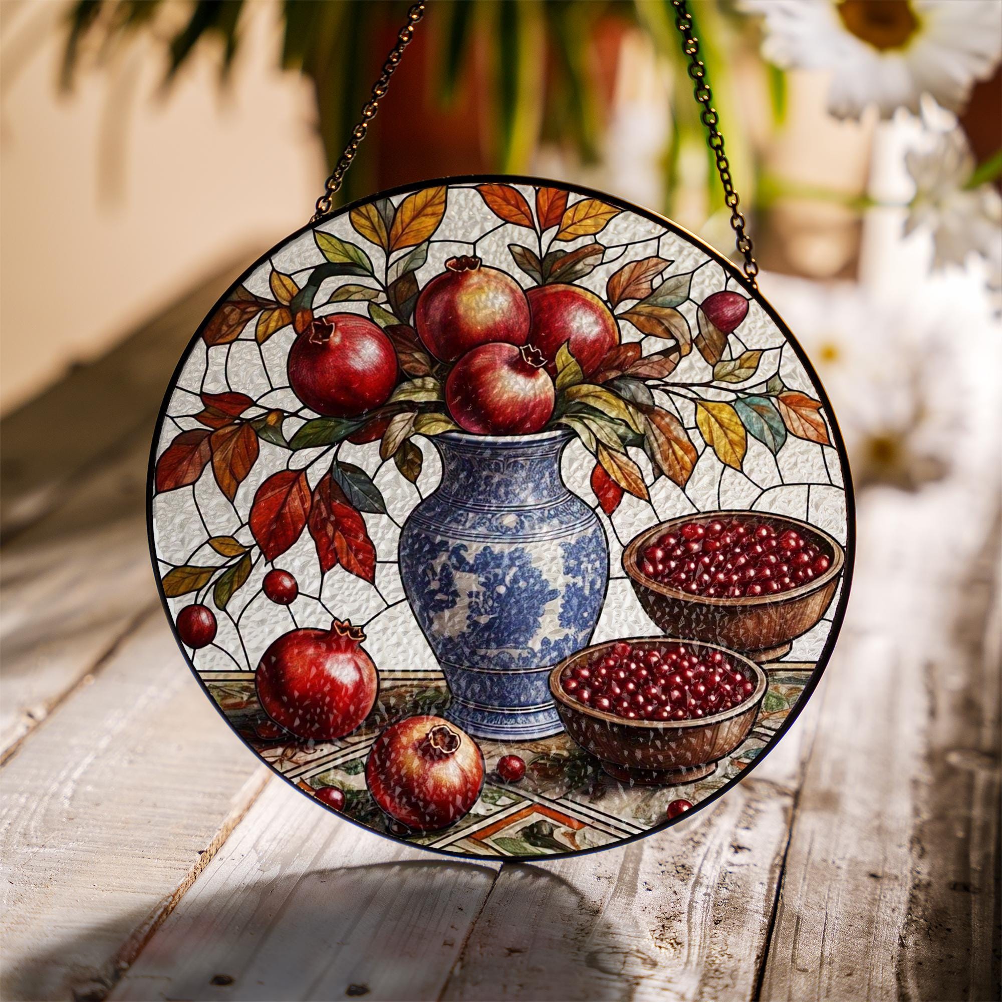 Handmade Glass Suncatcher with Pomegranate Art – Botanical Window Hanging for Kitchen or Sunroom Decor