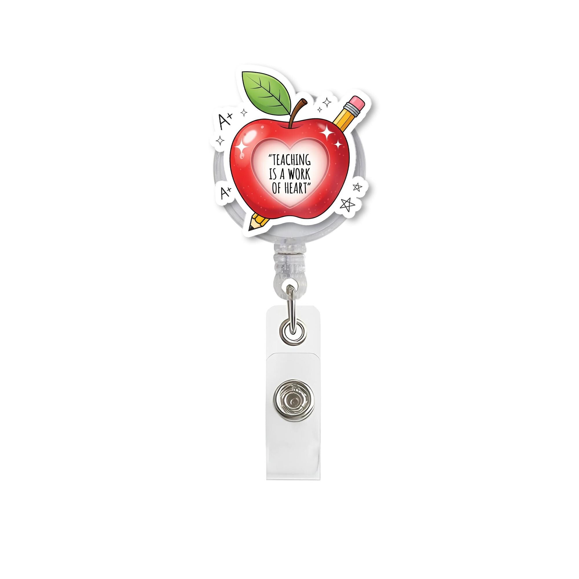 Teacher Badge Reel – Cute Apple “Teaching is a Work of Heart” Retractable ID Holder – Gift for Teachers
