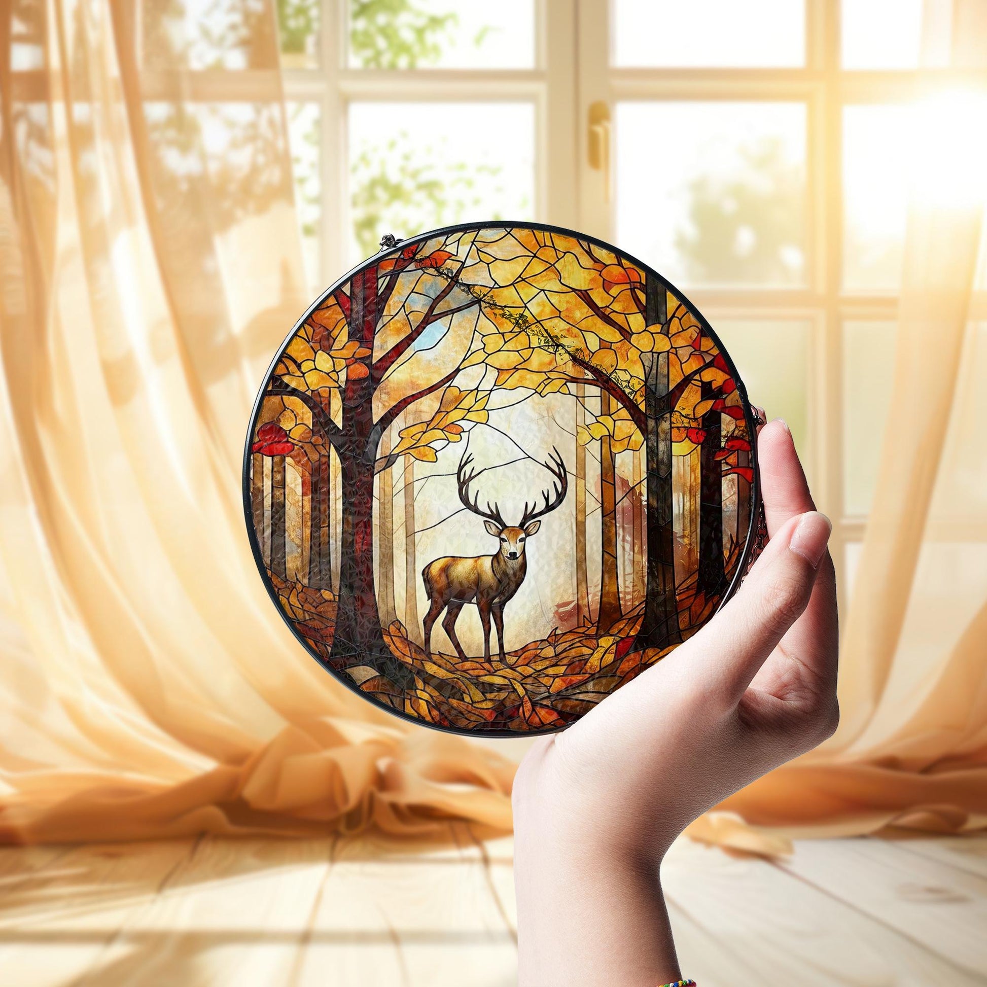 Deer in Autumn Forest Glass Suncatcher – Woodland Wildlife Window Art, Rustic Cabin Decor, Fall Nature Gift