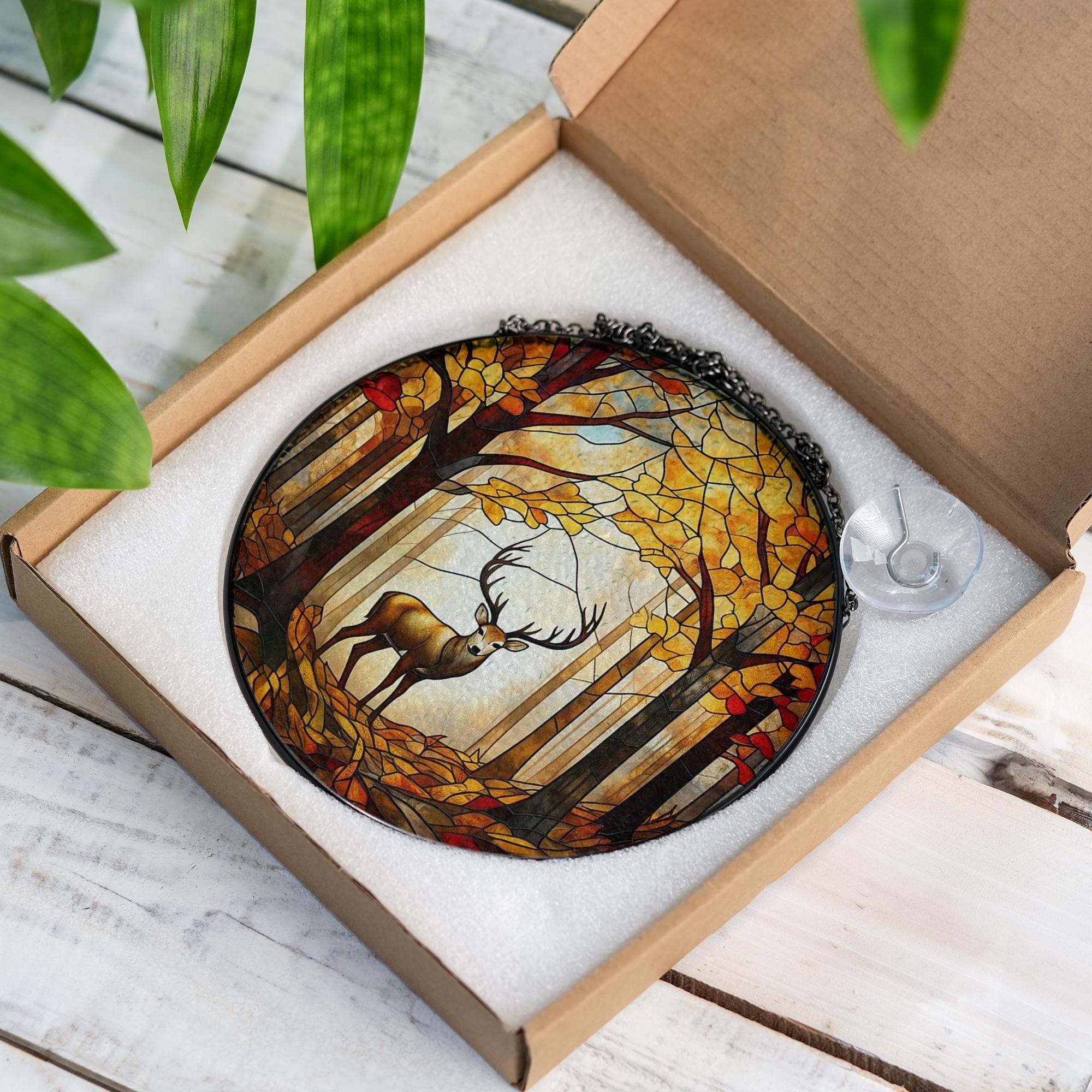 Deer in Autumn Forest Glass Suncatcher – Woodland Wildlife Window Art, Rustic Cabin Decor, Fall Nature Gift