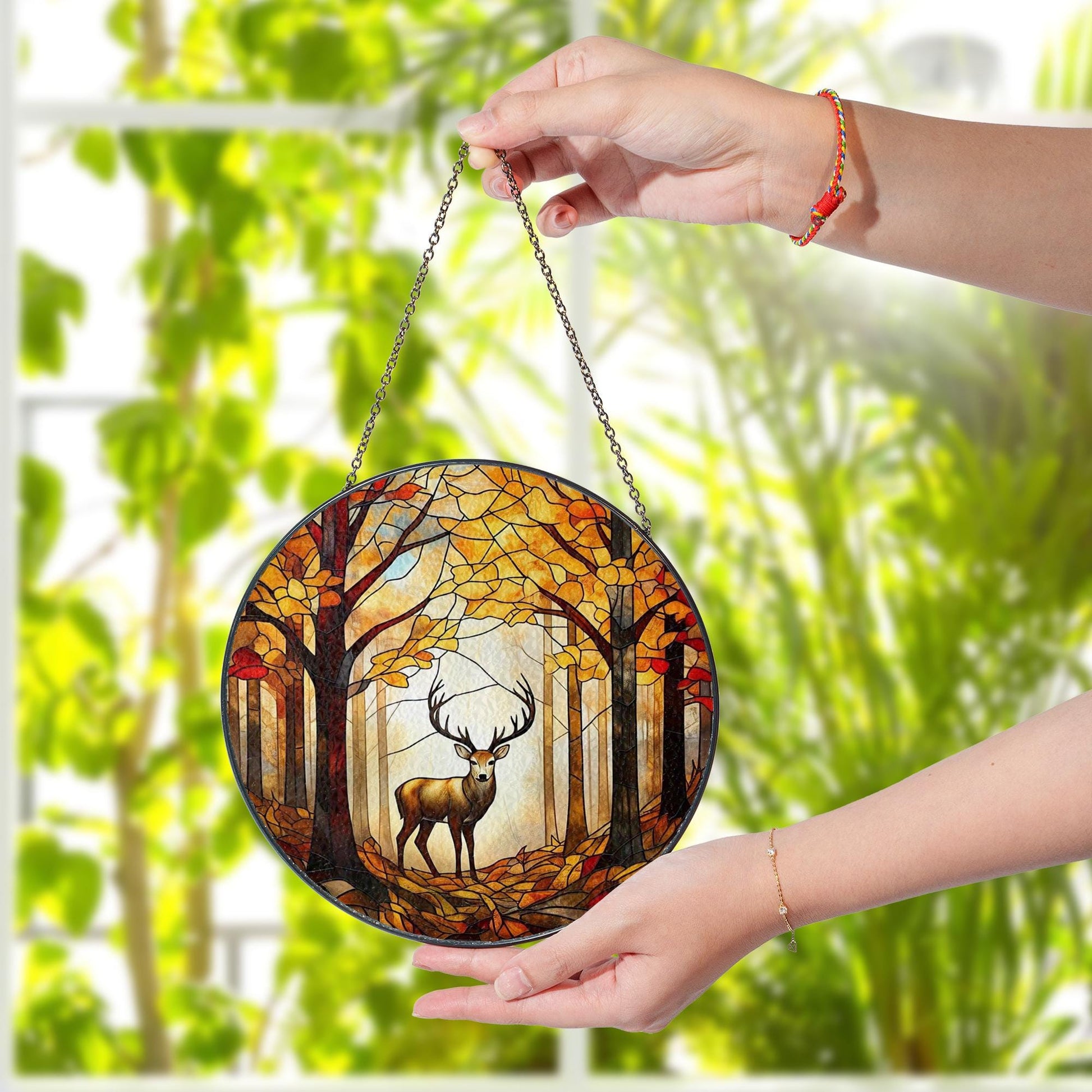 Deer in Autumn Forest Glass Suncatcher – Woodland Wildlife Window Art, Rustic Cabin Decor, Fall Nature Gift
