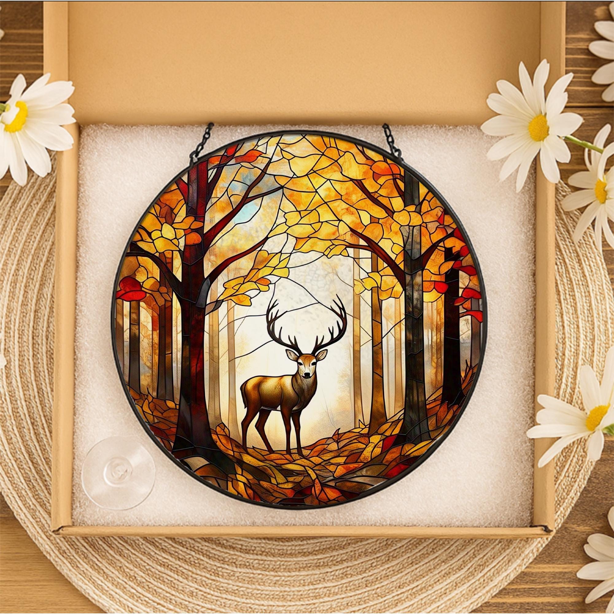 Deer in Autumn Forest Glass Suncatcher – Woodland Wildlife Window Art, Rustic Cabin Decor, Fall Nature Gift