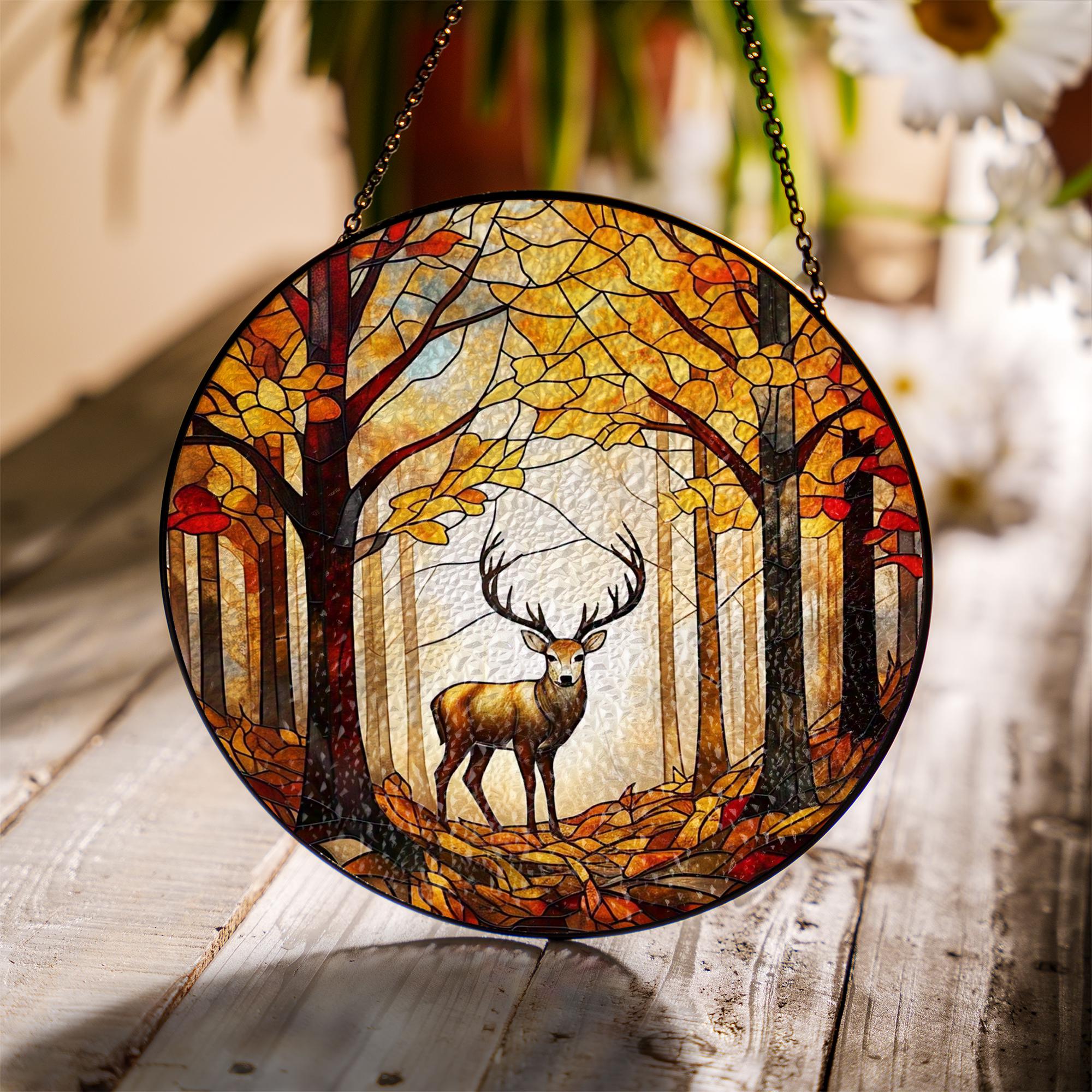 Deer in Autumn Forest Glass Suncatcher – Woodland Wildlife Window Art, Rustic Cabin Decor, Fall Nature Gift