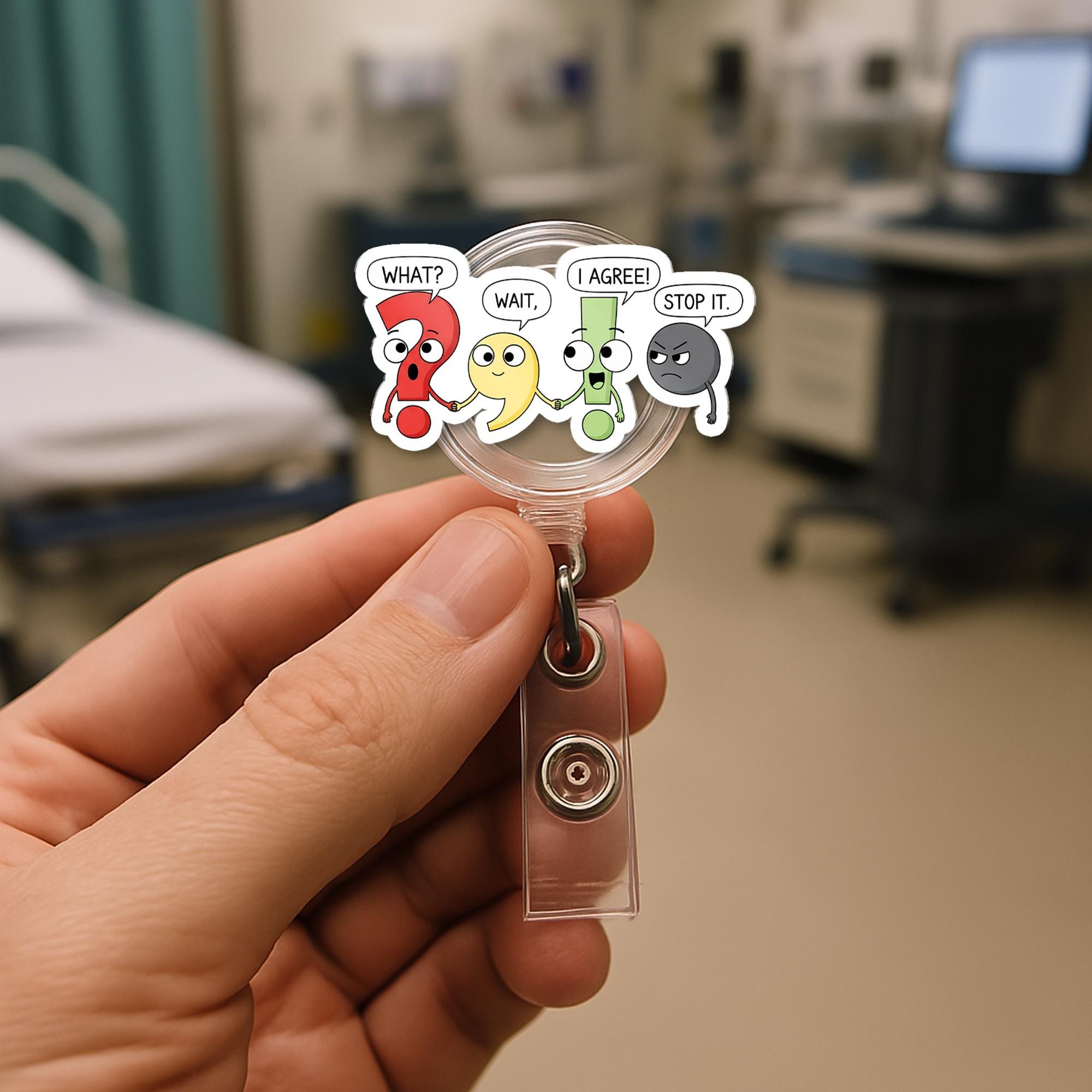Funny Punctuation Badge Reel – “Wait, What, I Agree, Stop It” Clip for Teachers, Writers, Editors – Quirky Classroom ID Holder
