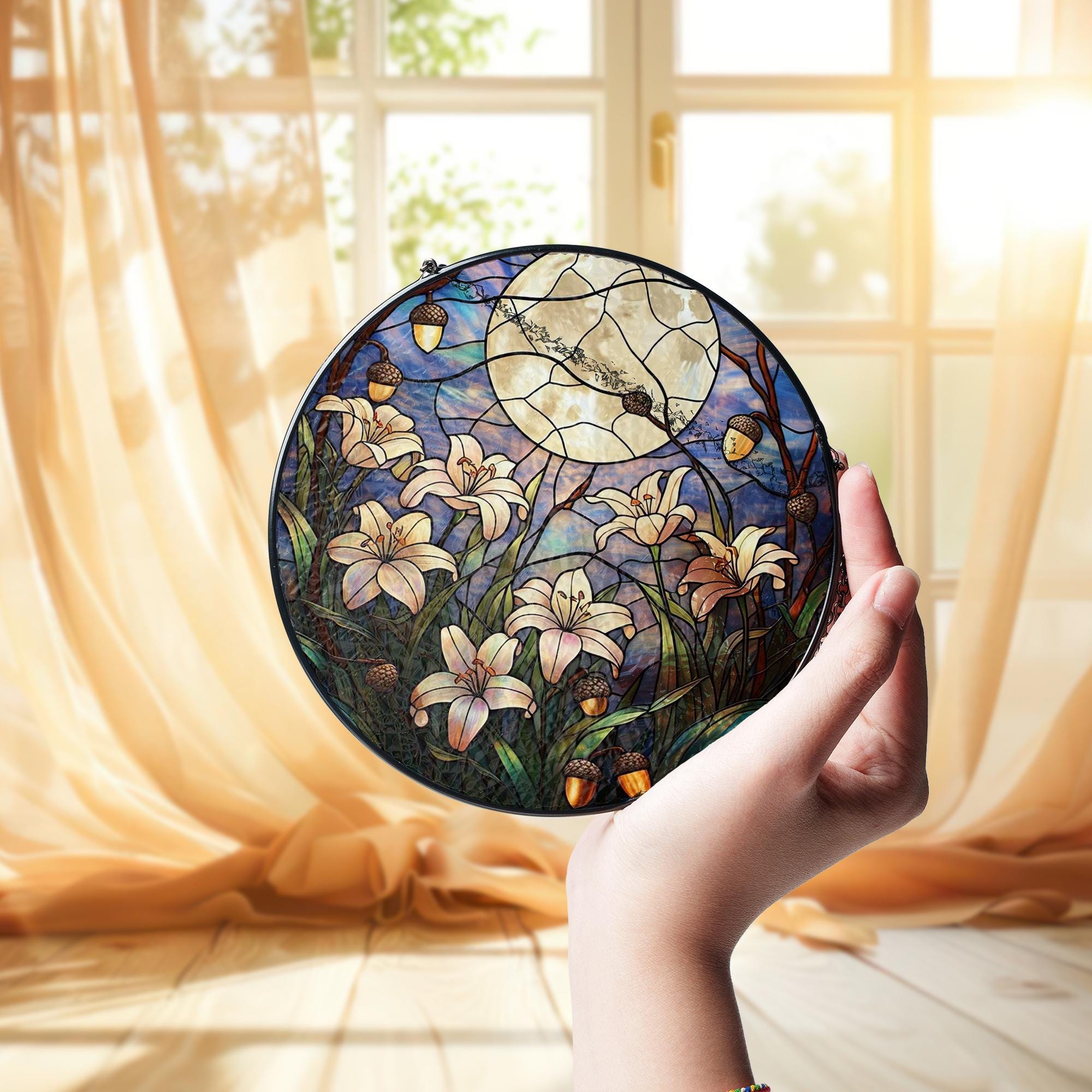 Moonlit Lily Garden Glass Suncatcher – Night Sky Floral Window Art with Acorns, Nature Lover Gift