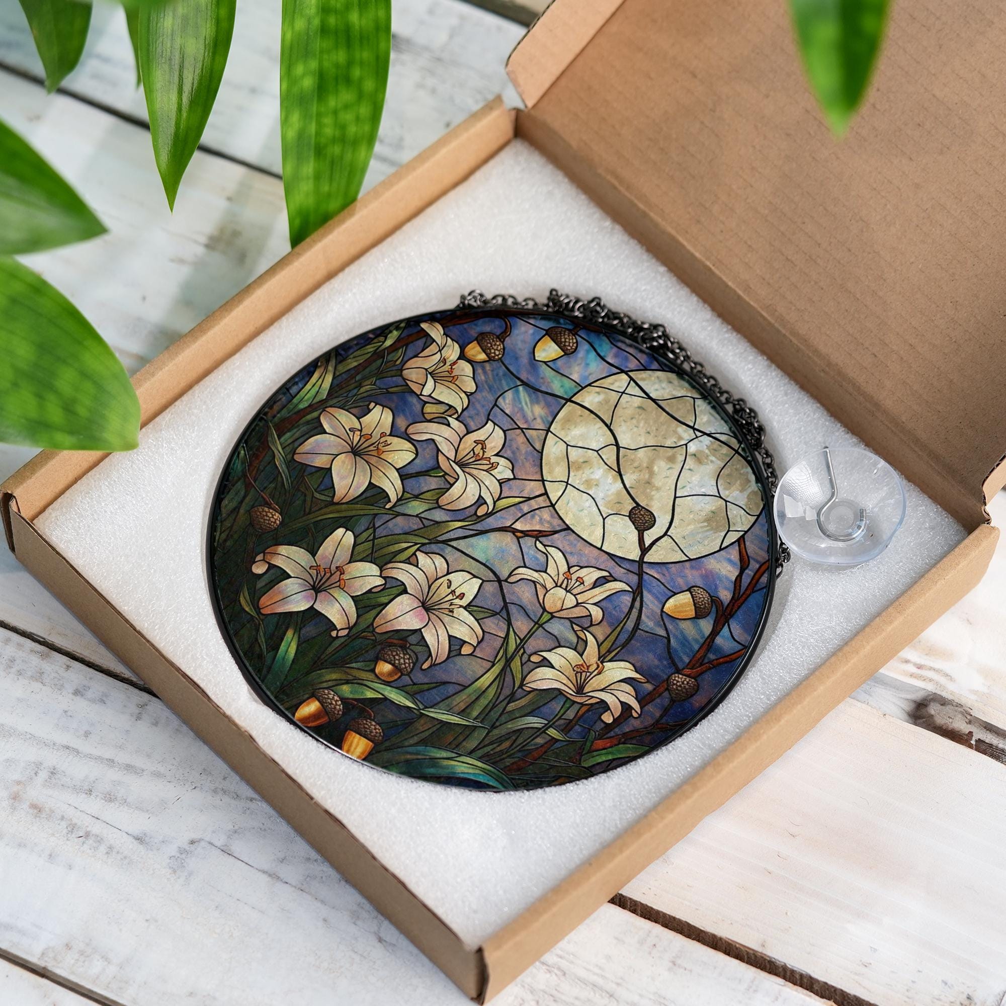Moonlit Lily Garden Glass Suncatcher – Night Sky Floral Window Art with Acorns, Nature Lover Gift