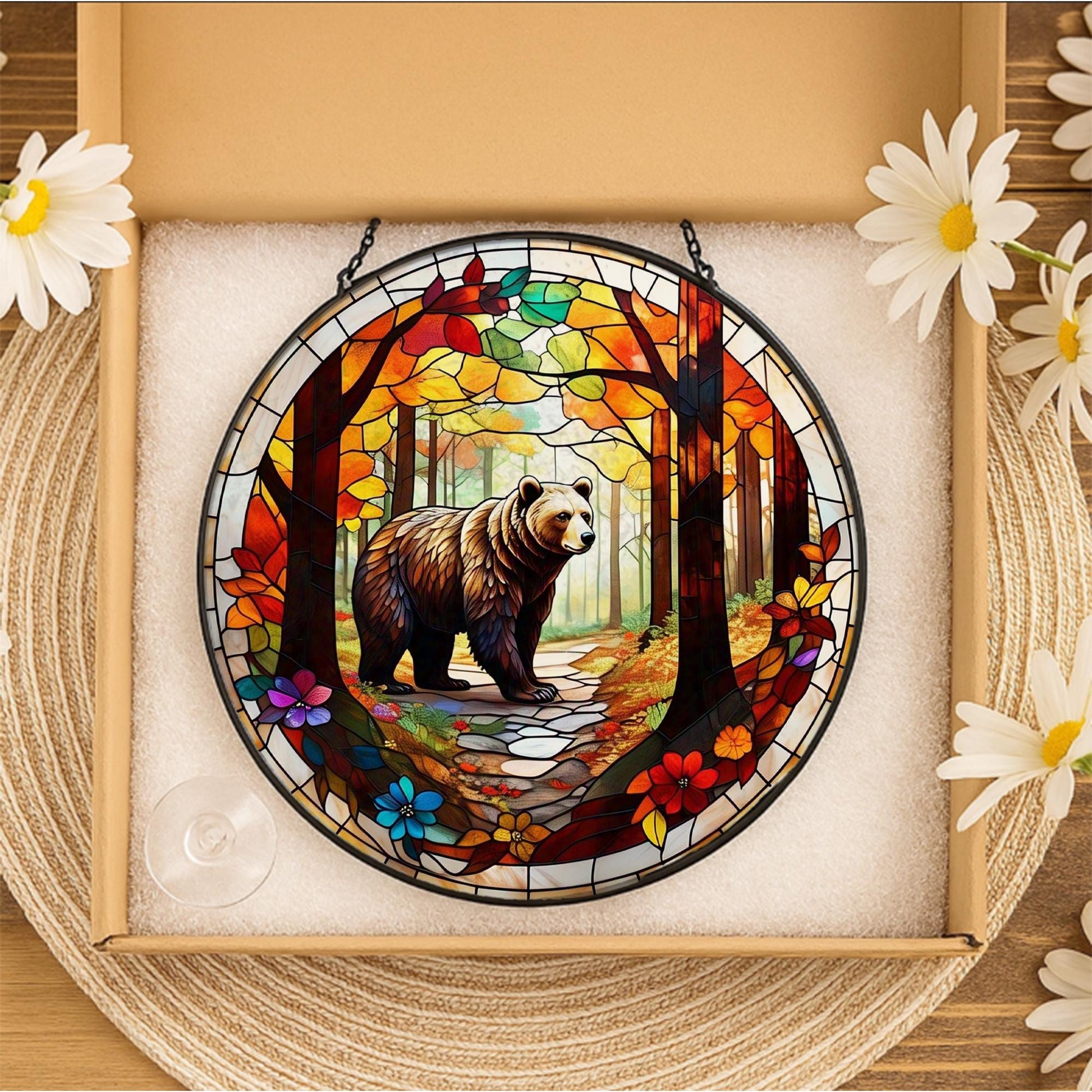 Bear in Autumn Forest Glass Suncatcher – Rustic Cabin Window Art, Wildlife Nature Decor Gift