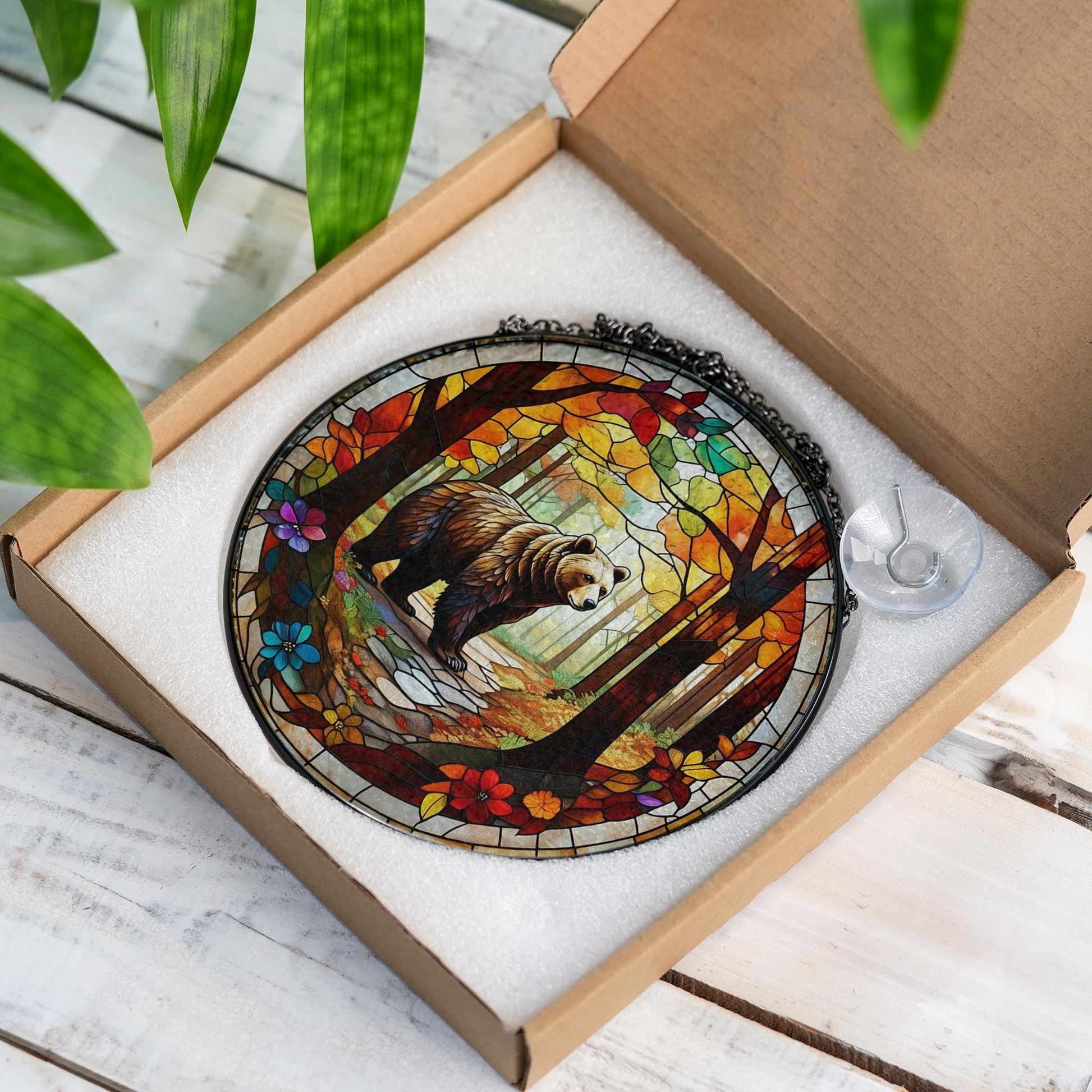 Bear in Autumn Forest Glass Suncatcher – Rustic Cabin Window Art, Wildlife Nature Decor Gift