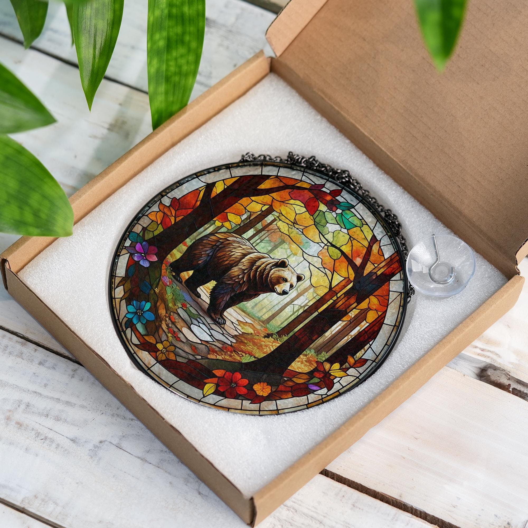 Bear in Autumn Forest Glass Suncatcher – Rustic Cabin Window Art, Wildlife Nature Decor Gift