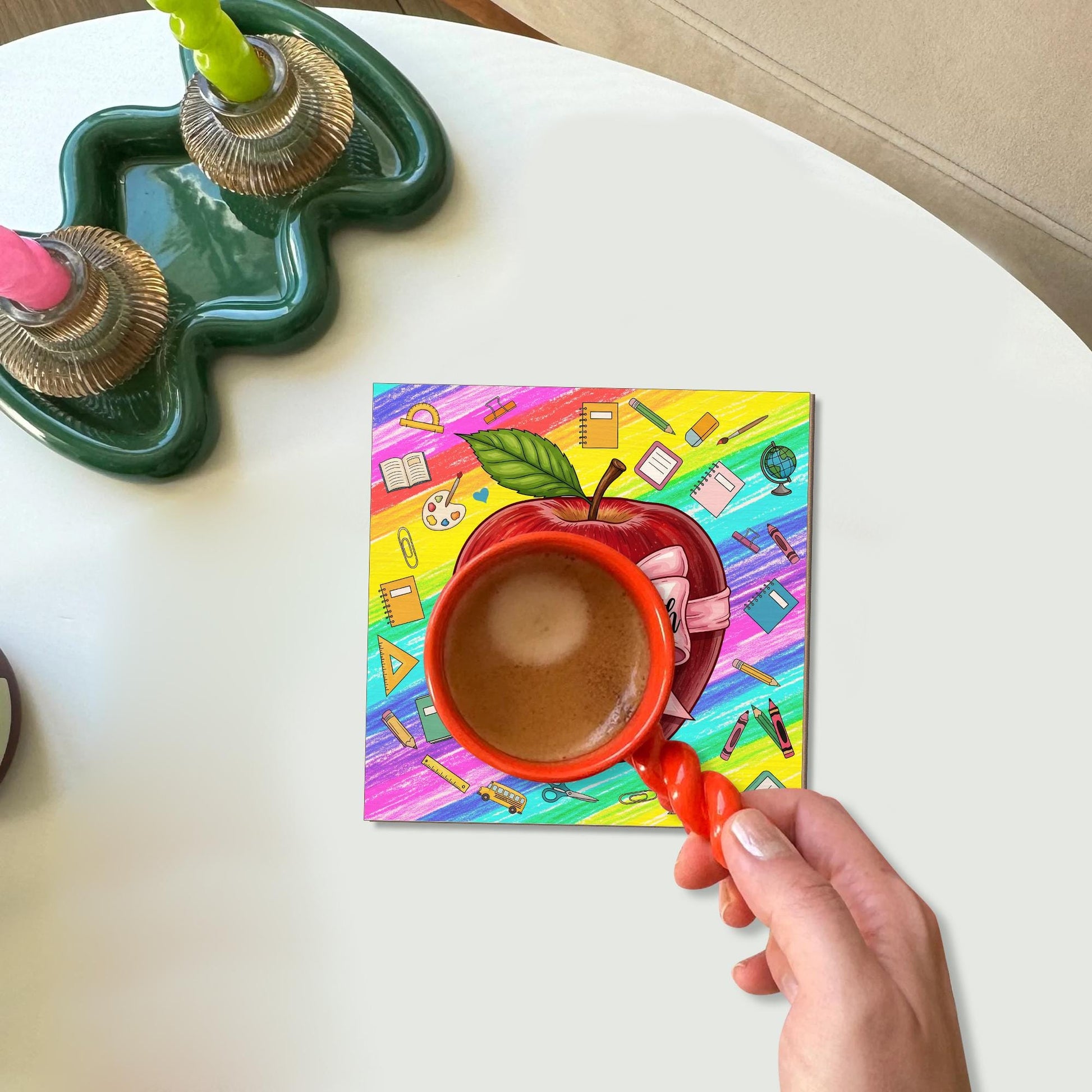 Custom Teacher Name Apple Coaster – Rainbow Classroom Decor Gift for Mrs. Smith, Personalized Back to School Teacher Appreciation