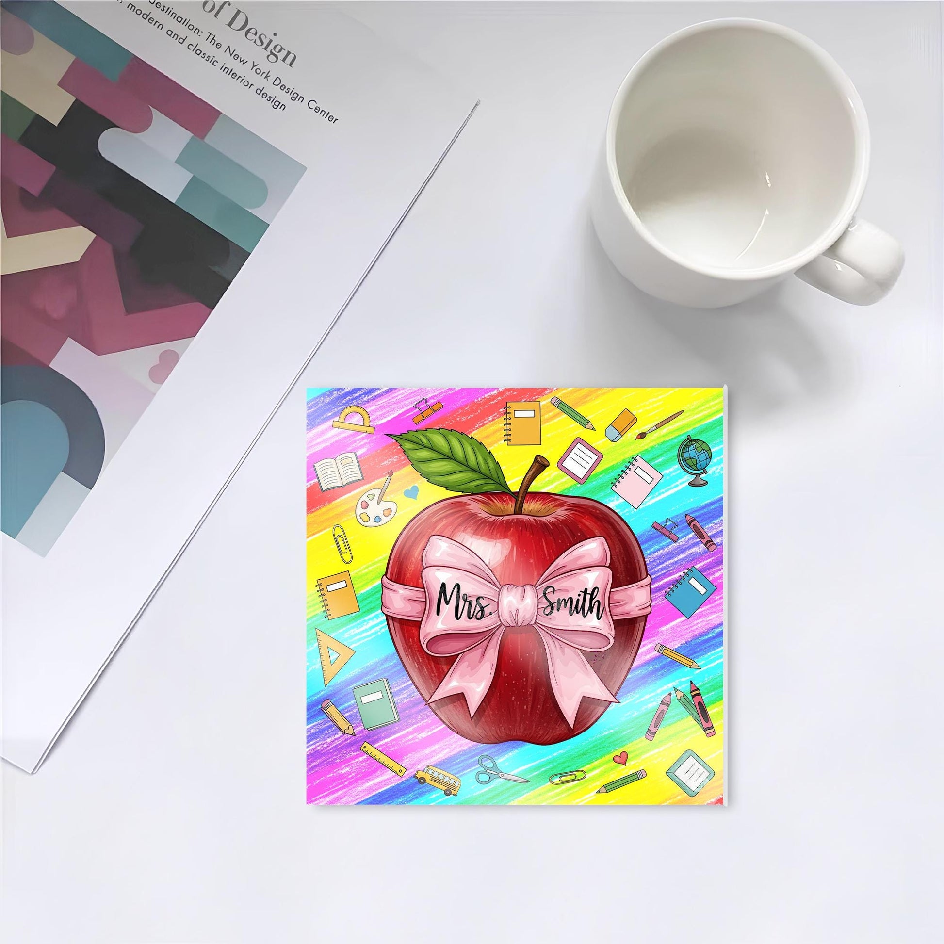 Custom Teacher Name Apple Coaster – Rainbow Classroom Decor Gift for Mrs. Smith, Personalized Back to School Teacher Appreciation