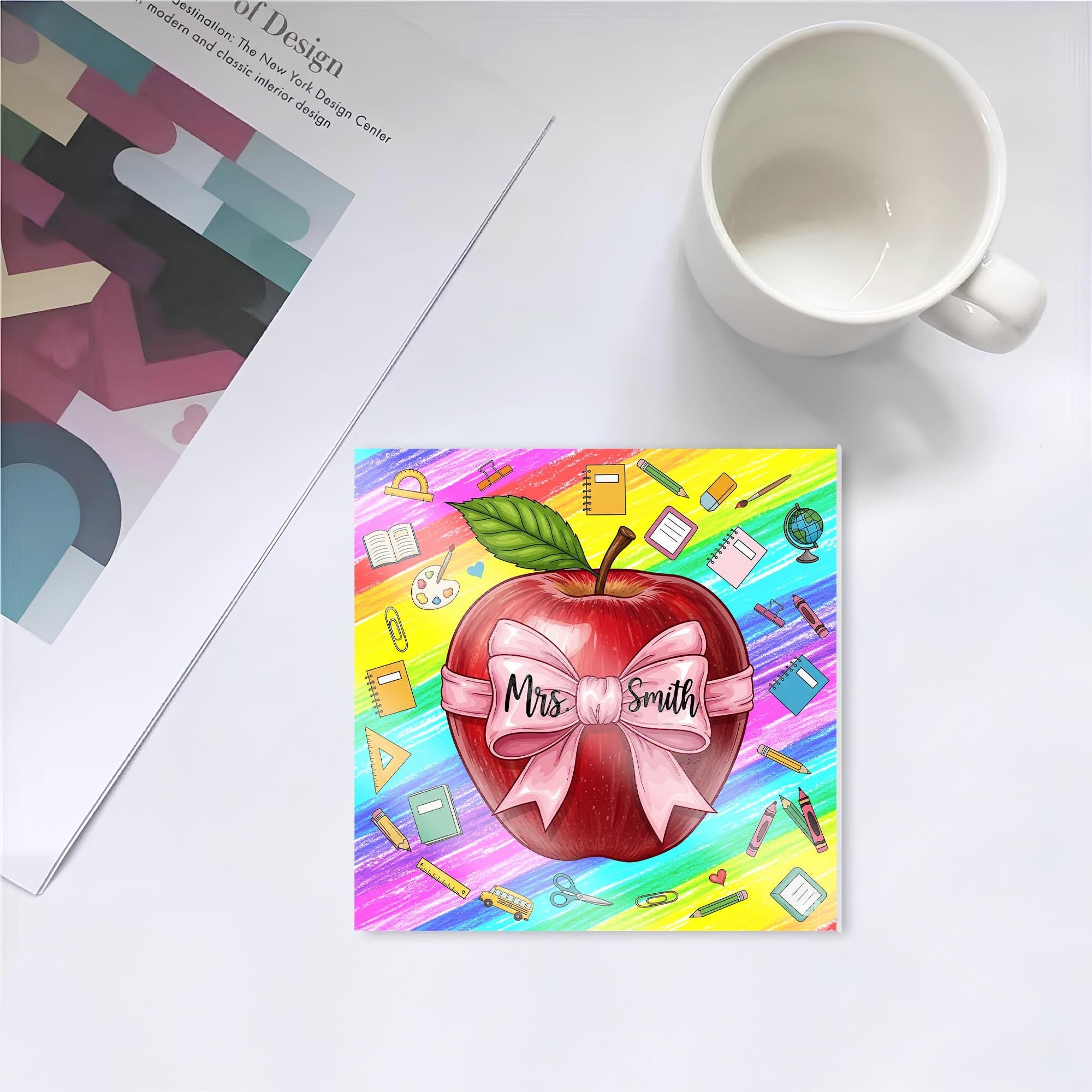 Custom Teacher Name Apple Coaster – Rainbow Classroom Decor Gift for Mrs. Smith, Personalized Back to School Teacher Appreciation