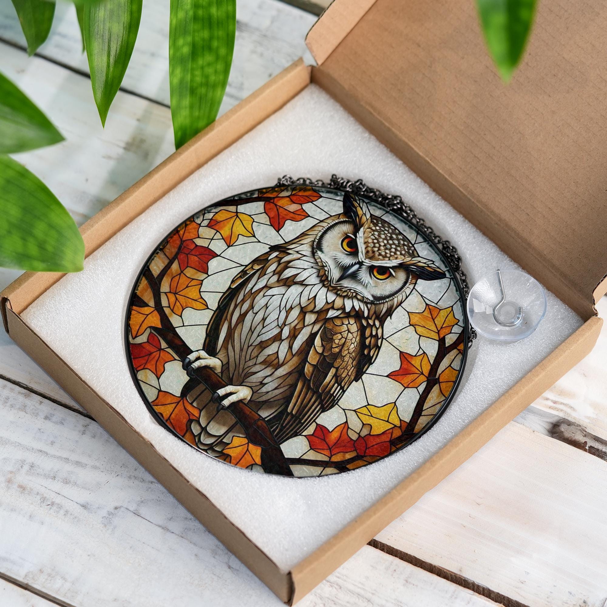 Owl Glass Suncatcher – Autumn Leaves Woodland Window Decor, Rustic Wildlife Gift for Nature Lovers
