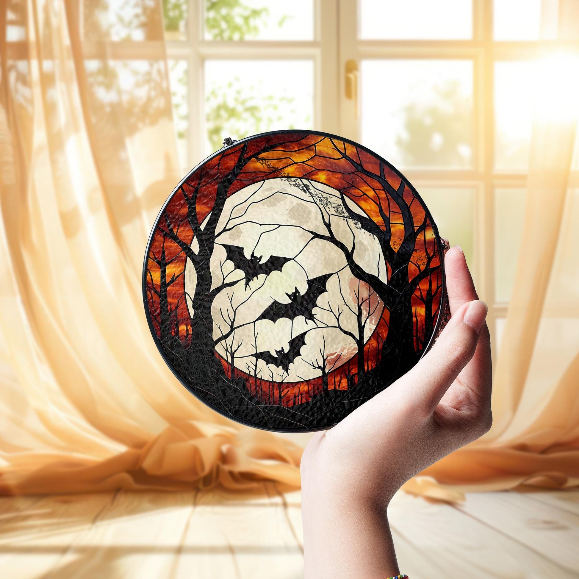 Halloween Bat Glass Suncatcher | Autumn Full Moon Window Decor | Spooky Fall Hanging Art | Stained Look Gothic Halloween Decoration