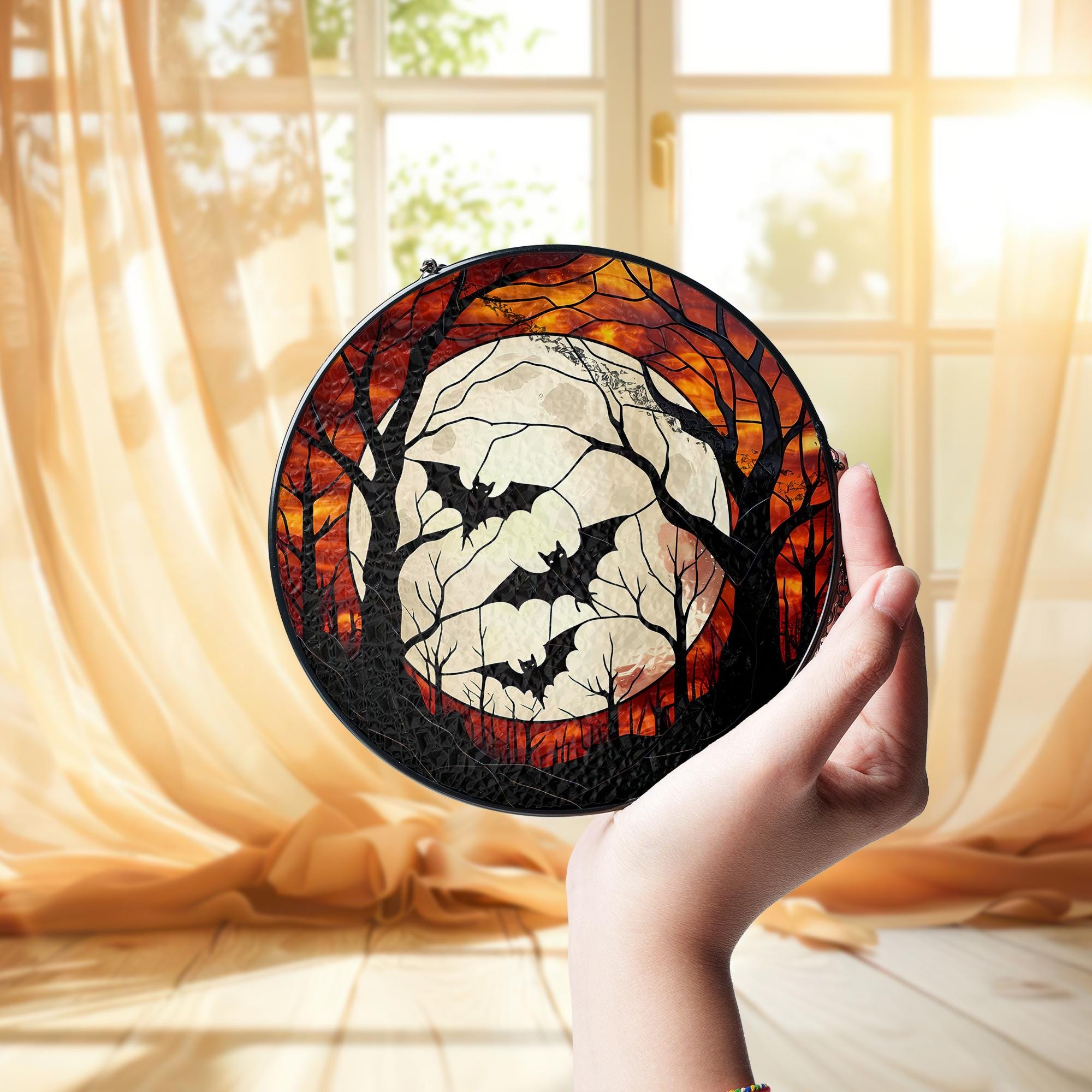 Halloween Bat Glass Suncatcher | Autumn Full Moon Window Decor | Spooky Fall Hanging Art | Stained Look Gothic Halloween Decoration