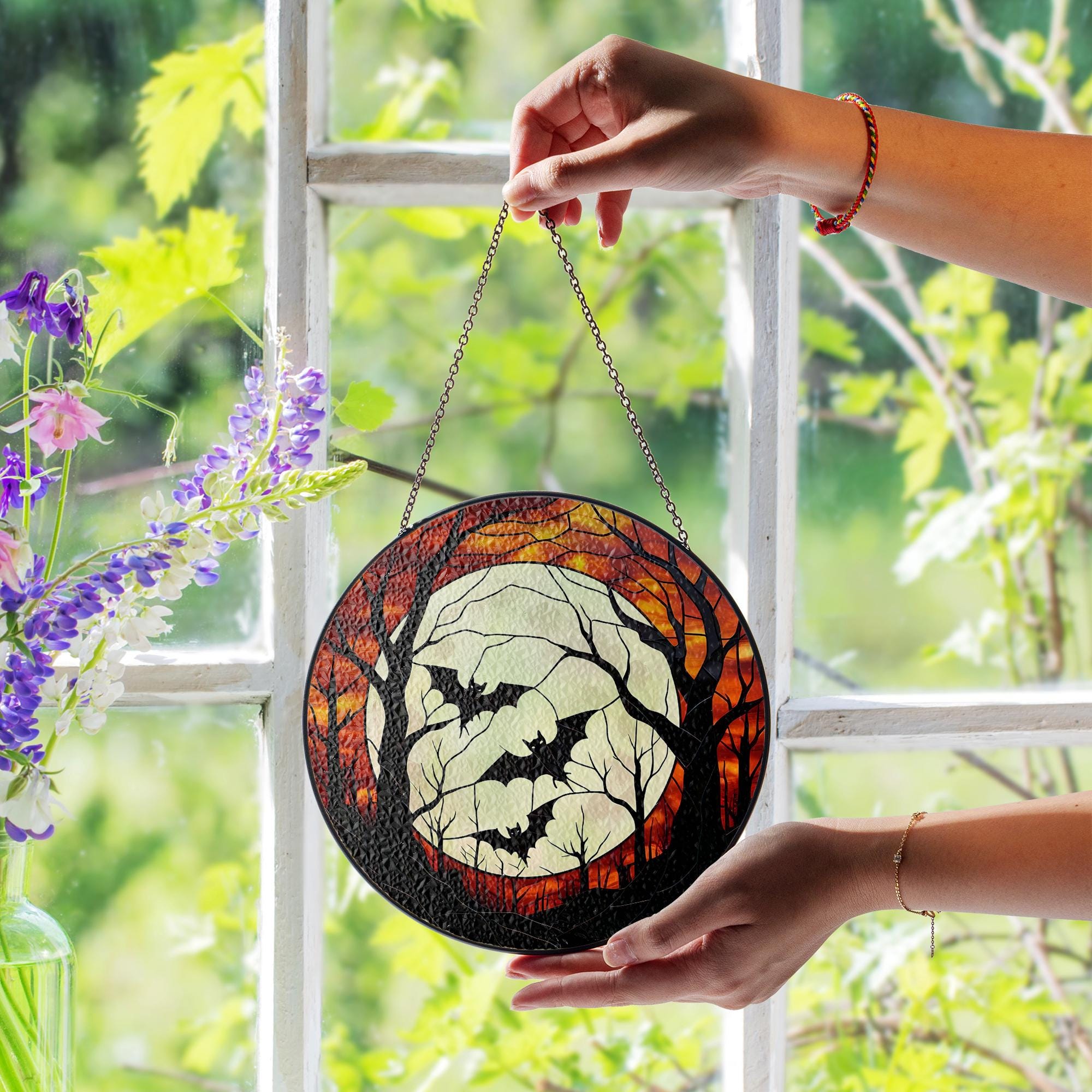 Halloween Bat Glass Suncatcher | Autumn Full Moon Window Decor | Spooky Fall Hanging Art | Stained Look Gothic Halloween Decoration